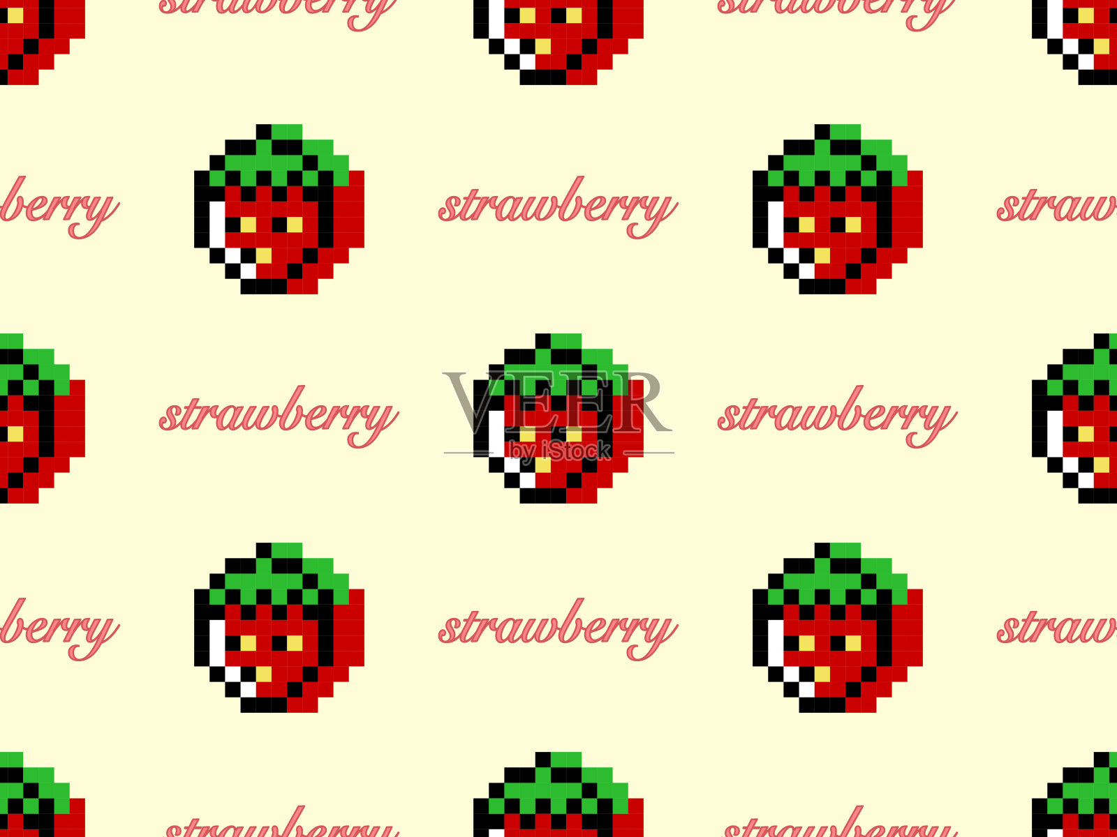 草莓无缝图案在黄色背景。像素风格插画图片素材