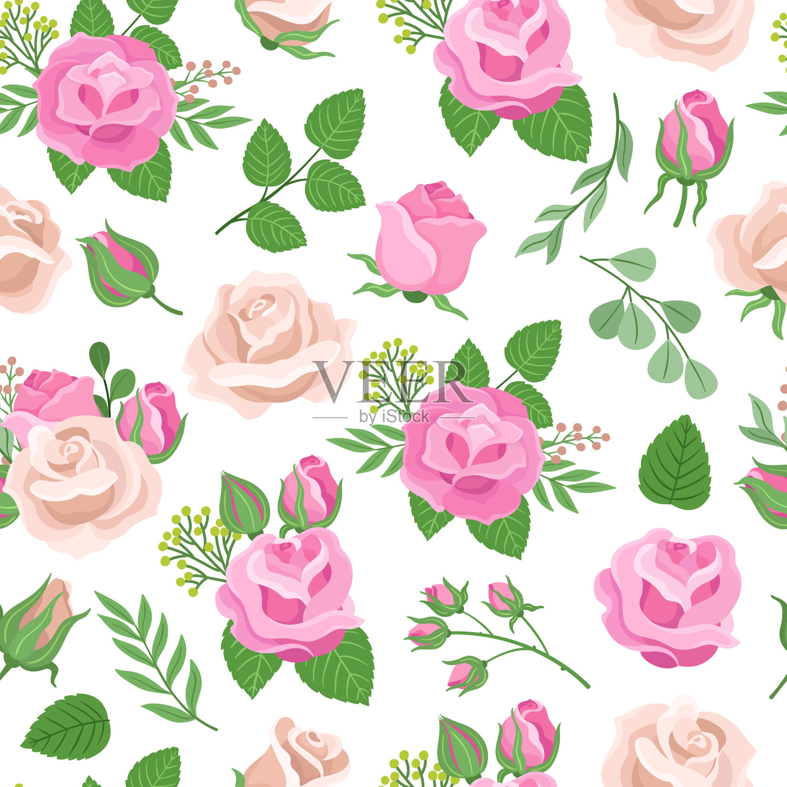 玫瑰无缝模式。玫瑰印花，花卉纺织品设计。墙纸的植物艺术，复古的粉红色象牙色的花朵与树枝，近代的矢量背景插画图片素材