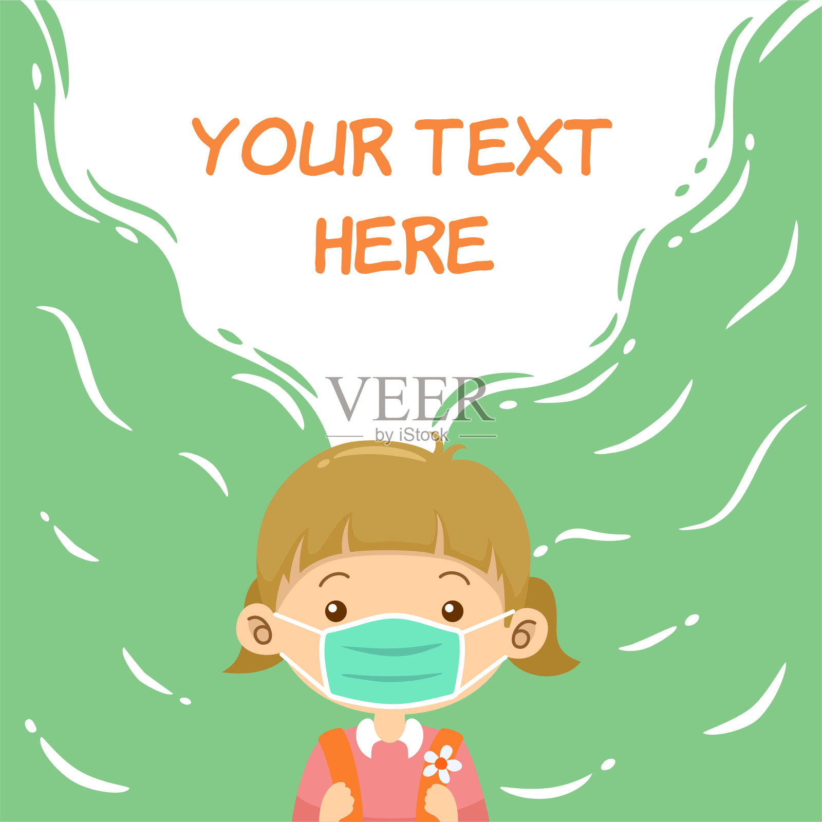 可爱的女孩带着双肩包和说话泡泡插画图片素材