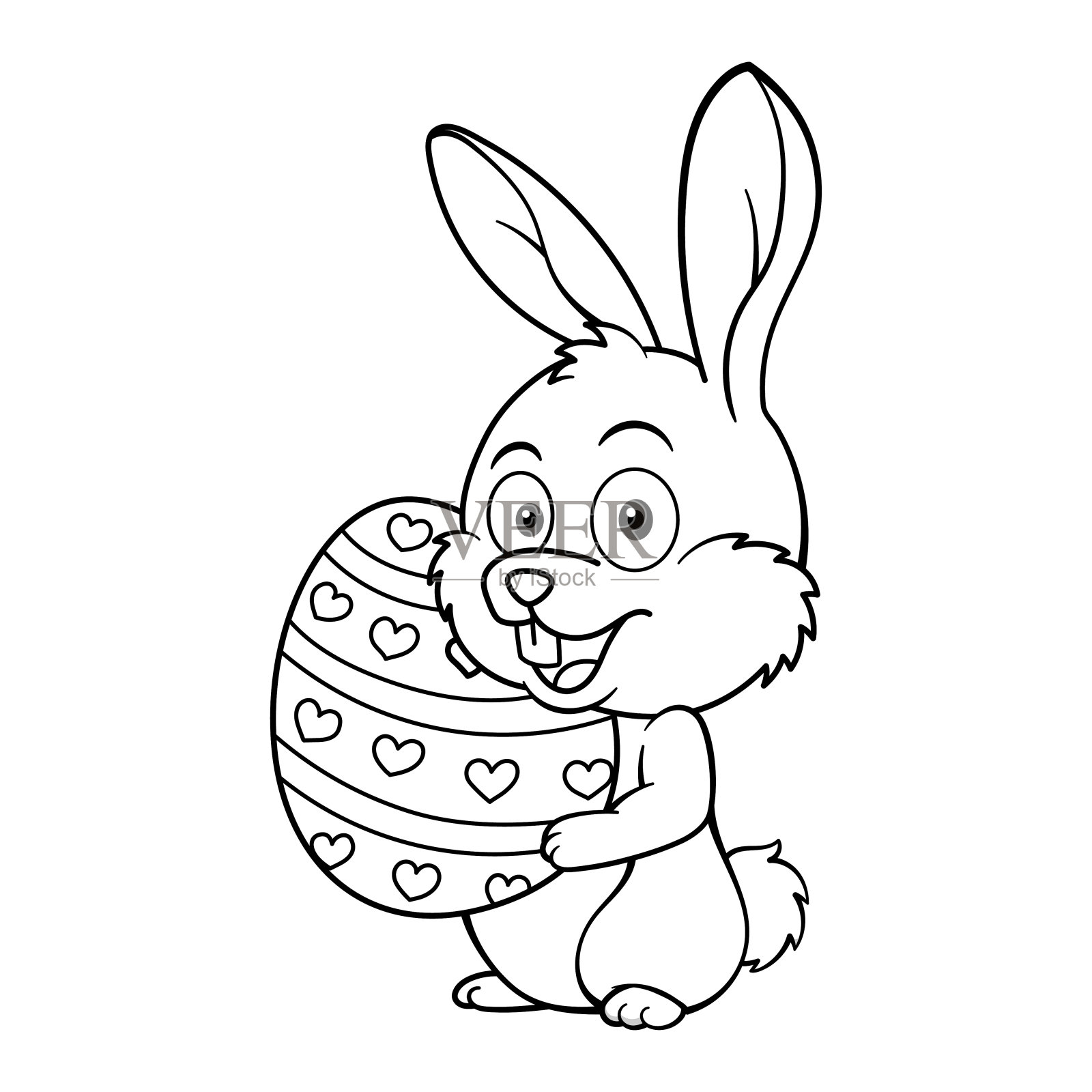 可爱的复活节兔子兔子抱着巨大的蛋轮廓插画图片素材