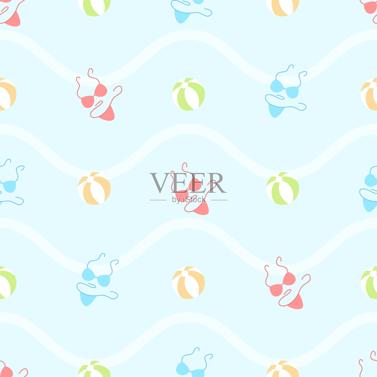 可爱的夏季比基尼和沙滩球无缝图案插画图片素材