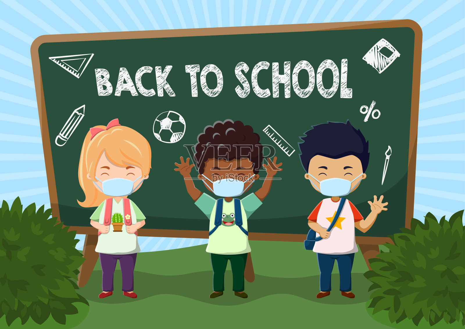 可爱的孩子们戴着面具回学校插画图片素材