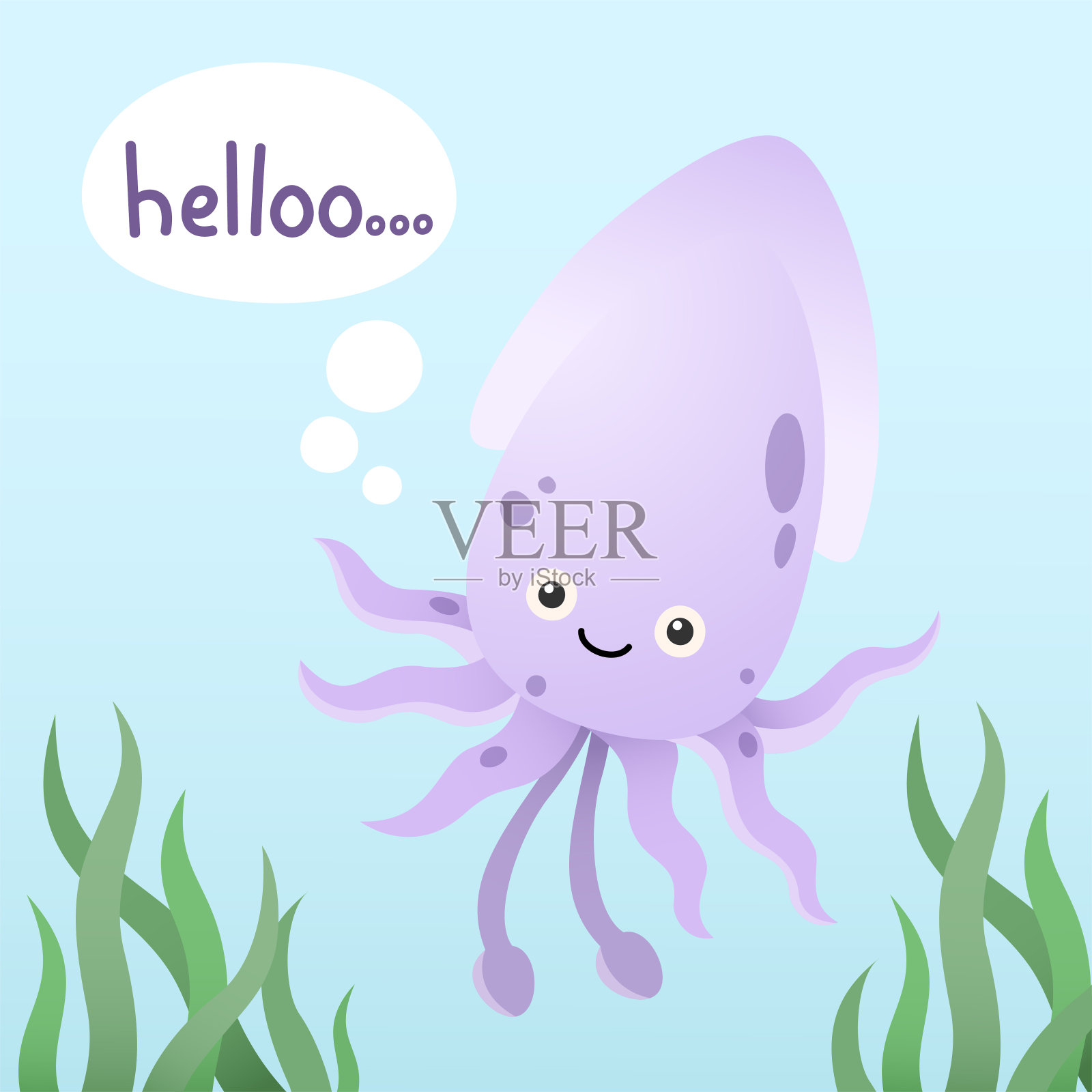 可爱的鱿鱼乌贼海底卡通人物插画图片素材