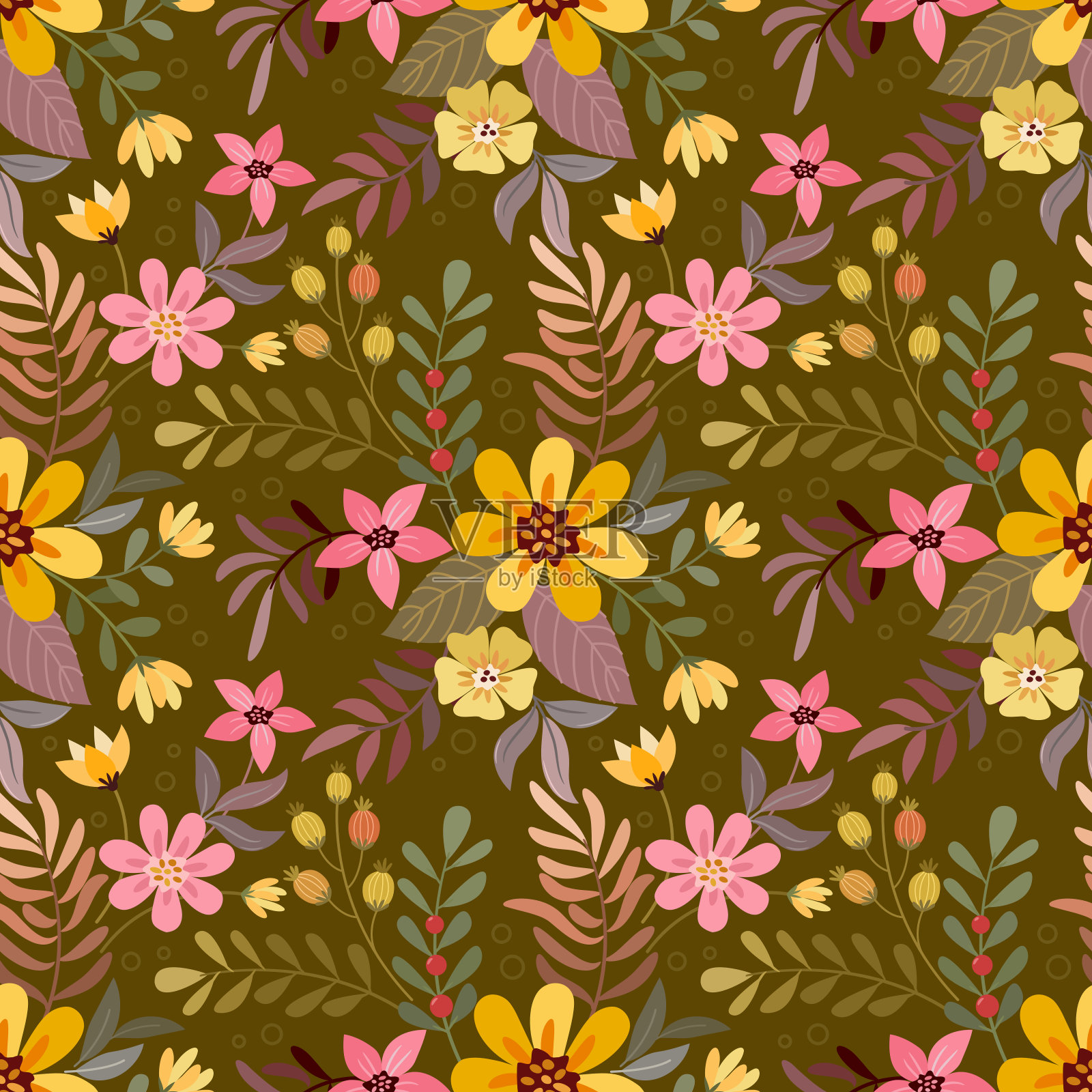 彩色手绘花朵上棕色无缝图案。插画图片素材