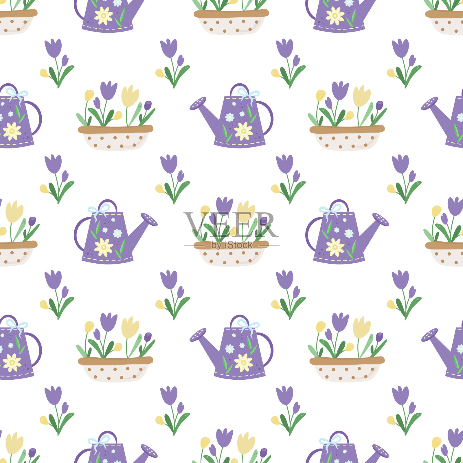 一套简单的春季、夏季插图。紫色喷壶，圆点花园花盆，黄色和丁香郁金香，绿色的叶子，圆点植物花车，蓝色的花，郁金香，绿色的叶子，昆虫屋。无缝向量模式上的白色插画图片素材