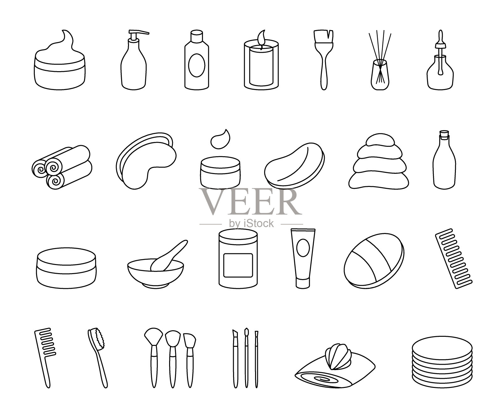 集线性图标化妆品，水疗，美容沙龙。轮廓符号的一罐奶油，乳液，毛巾，补丁，刷子的网站，应用程序。向量孤立的插图。图标素材
