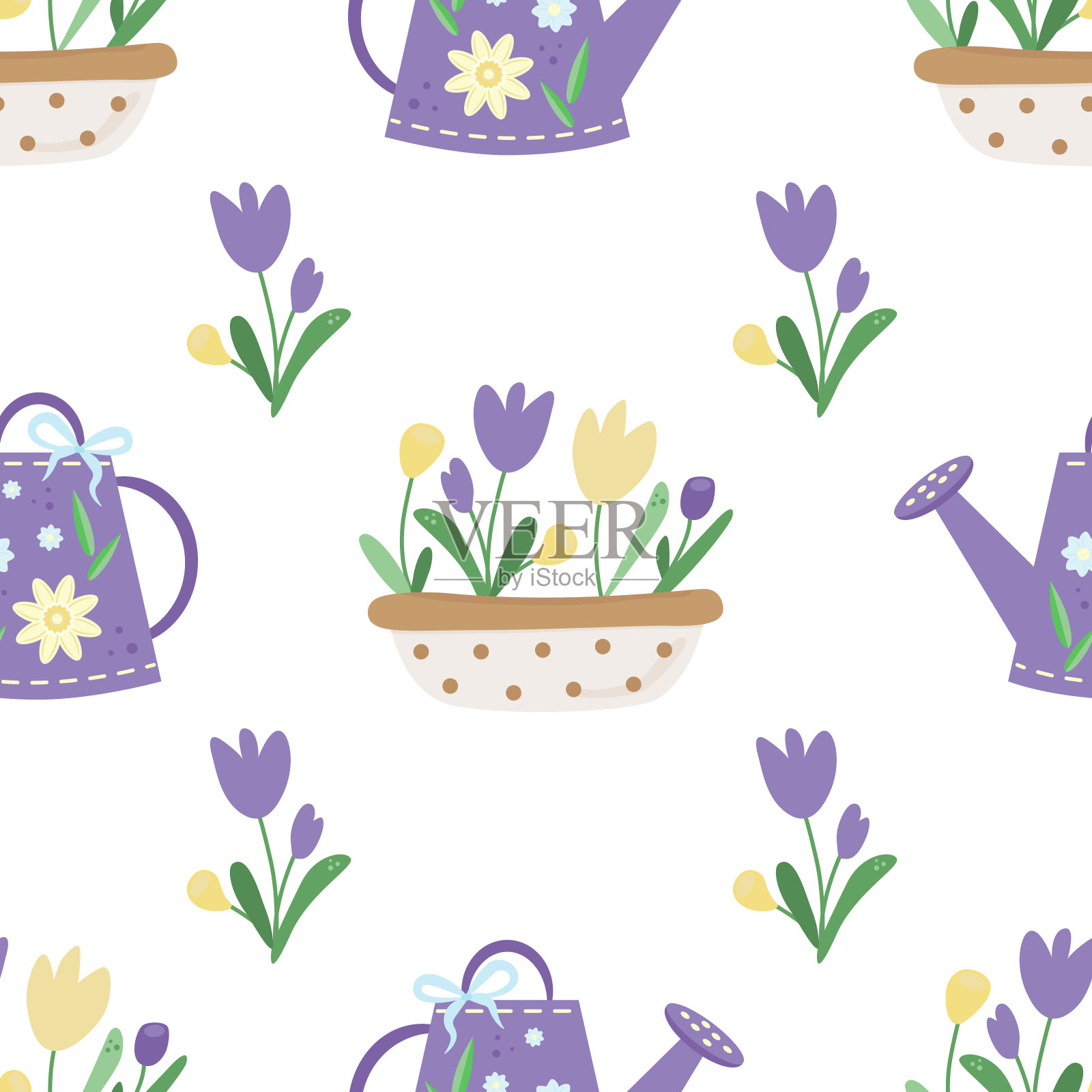 一套简单的春季、夏季插图。紫色喷壶，圆点花园花盆，黄色和丁香郁金香，绿色的叶子，圆点植物花车，蓝色的花，郁金香，绿色的叶子，昆虫屋。无缝向量模式上的白色插画图片素材