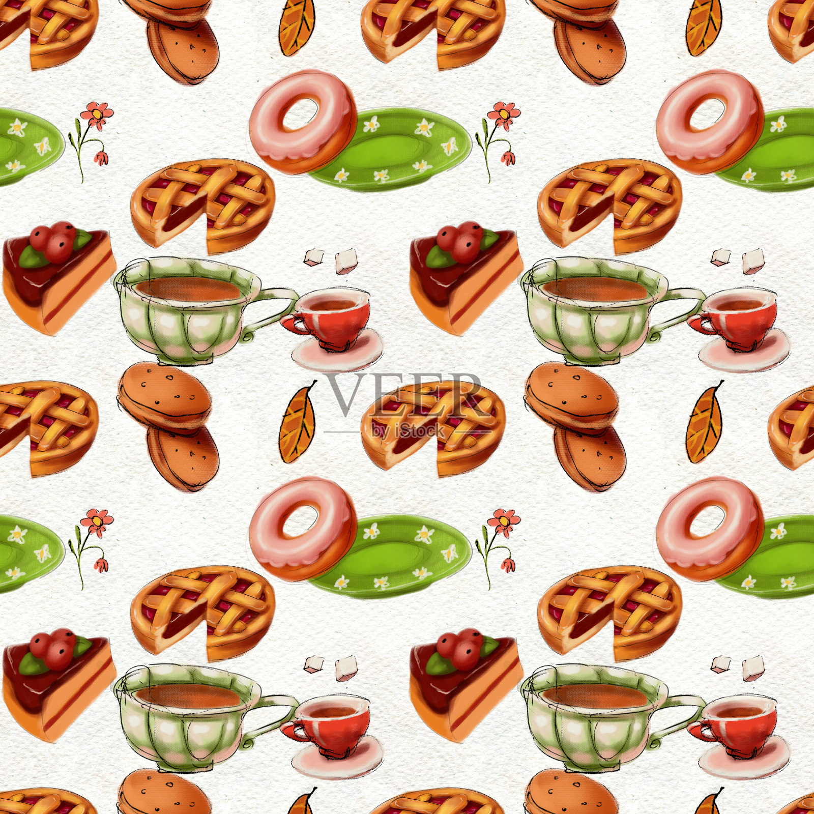 无缝手绘图案。喝茶插图插画图片素材