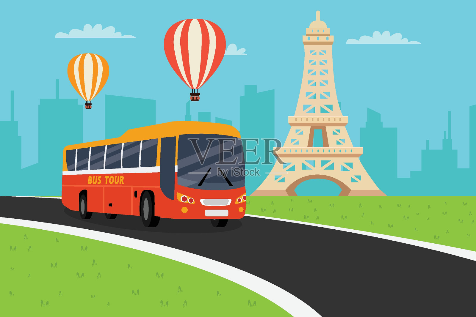 巴士旅游与艾菲尔铁塔在路上移动插画图片素材
