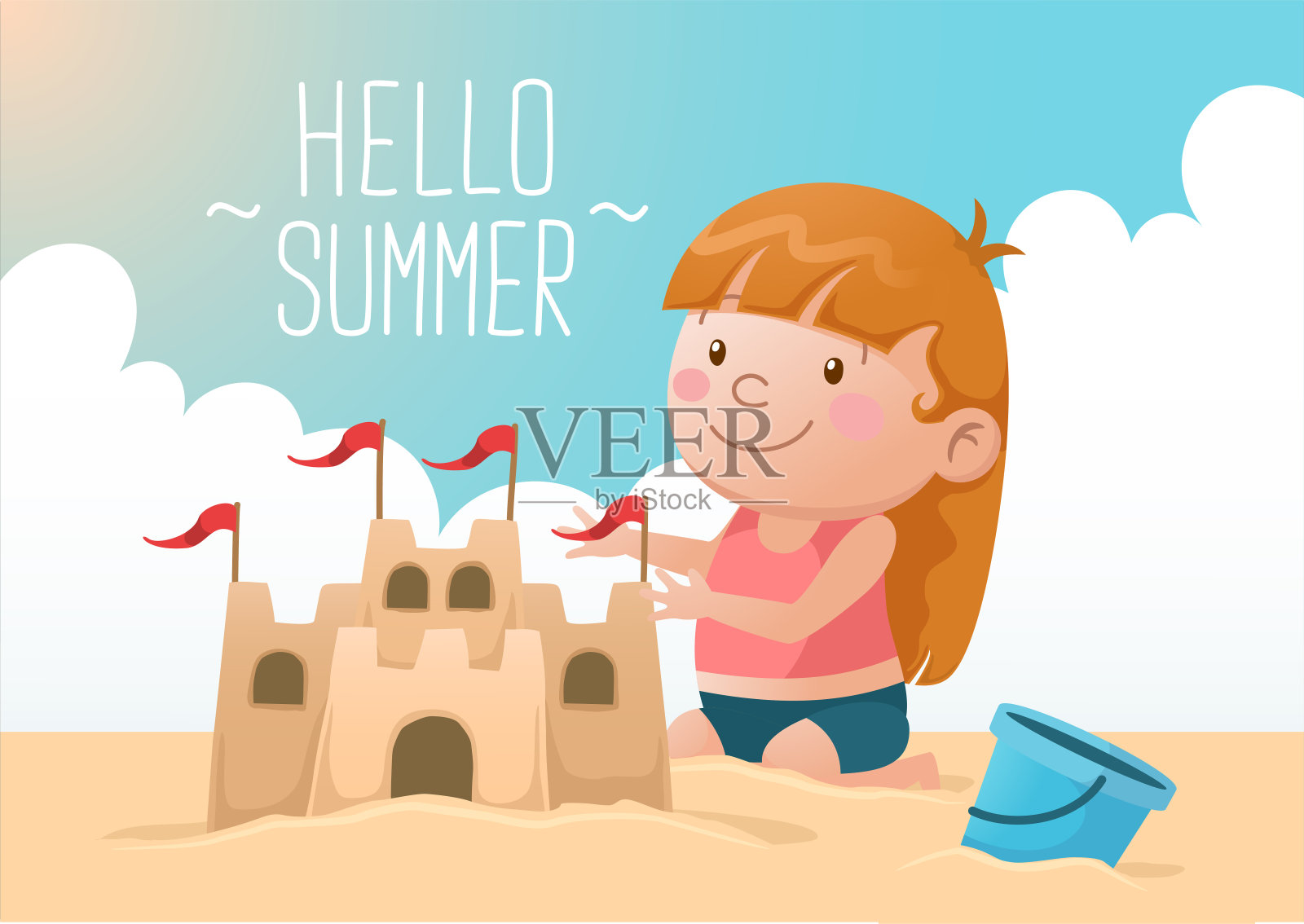 可爱的女孩筑沙堡你好夏天插画图片素材