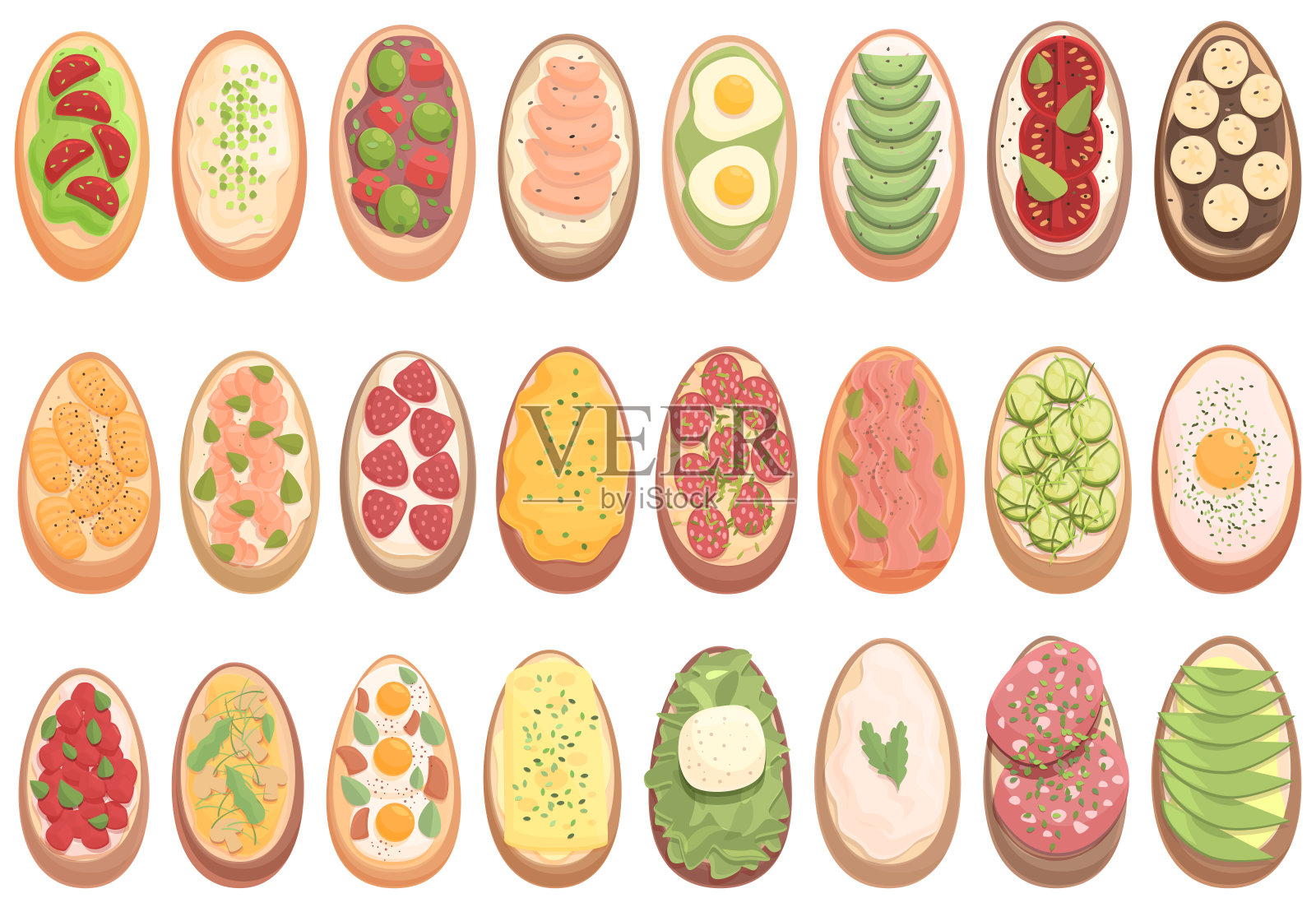 意式烤面包图标集卡通向量。食物奶酪插画图片素材