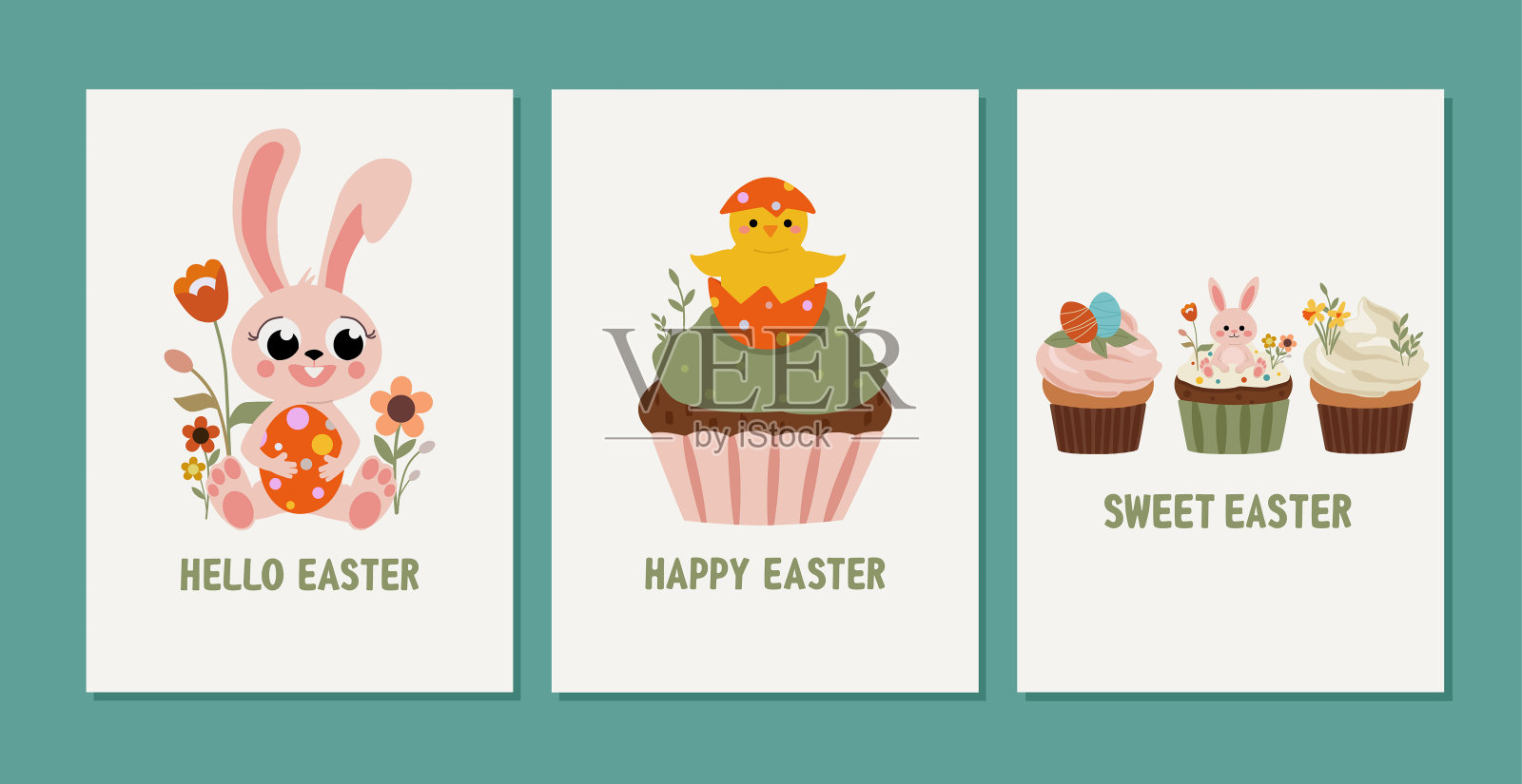 复活节快乐。一套主题卡片与兔子和糖果。向量漂亮的模板。插画图片素材