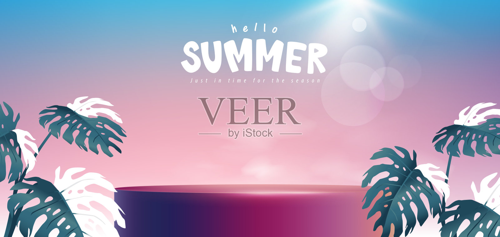 热带产品的夏季销售横幅以圆柱形展示插画图片素材