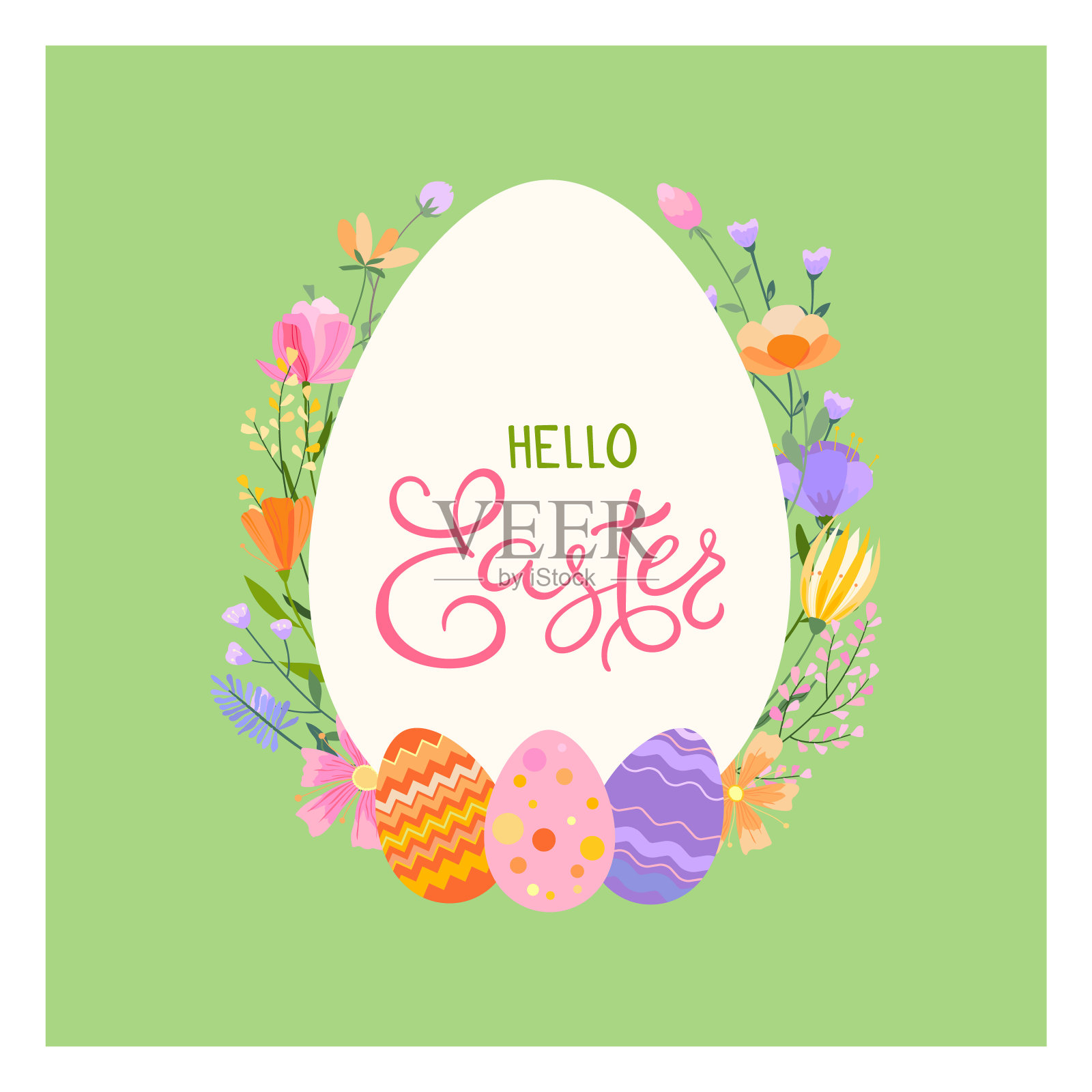 复活节春天贺卡。一个在香草和花朵里的明亮的五彩缤纷的复活节彩蛋。题词“你好复活节”。插画图片素材