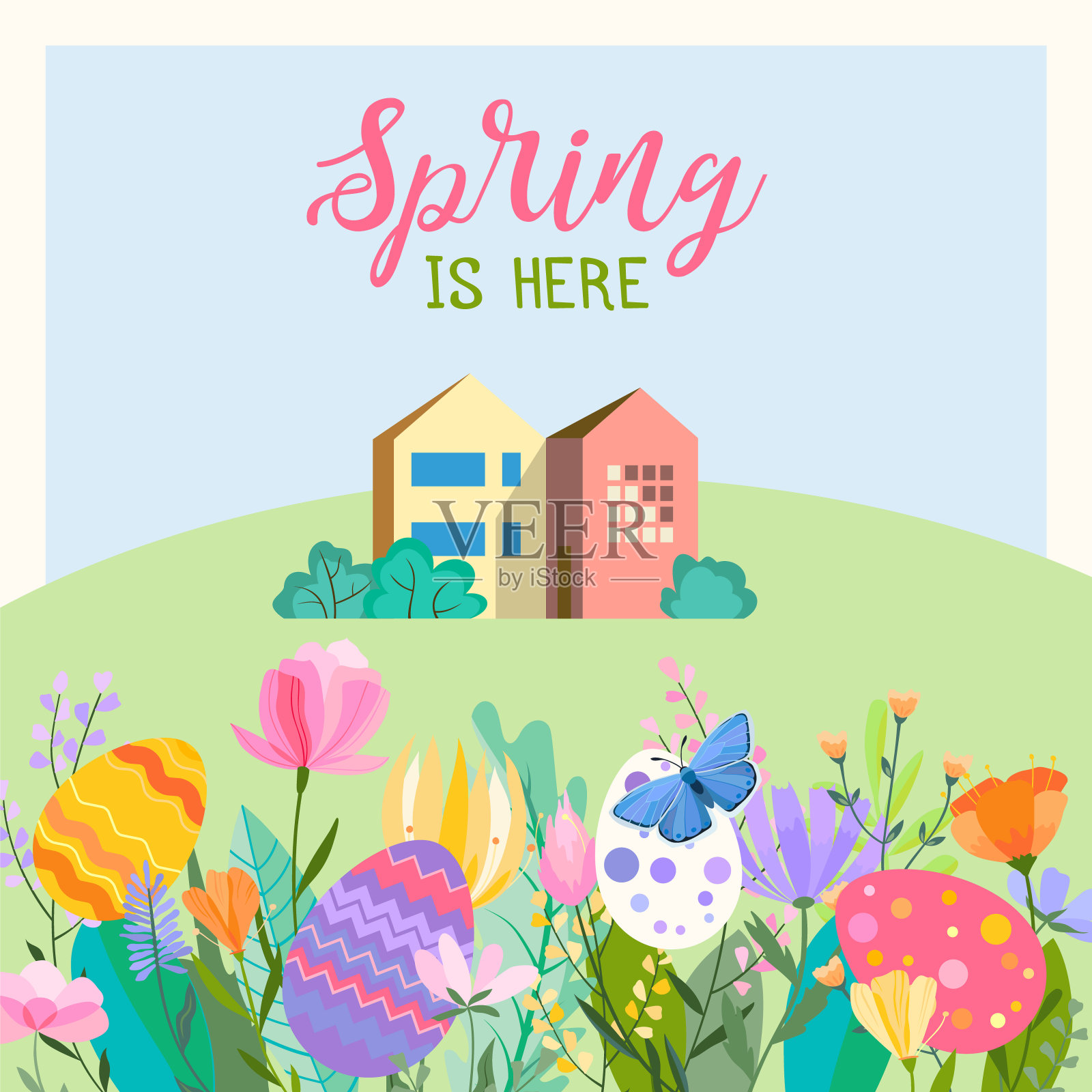 复活节春天贺卡。复活节彩蛋、春天的花朵、香草和一只蝴蝶，背景是乡村的房屋景观。铭文春天来了。插画图片素材
