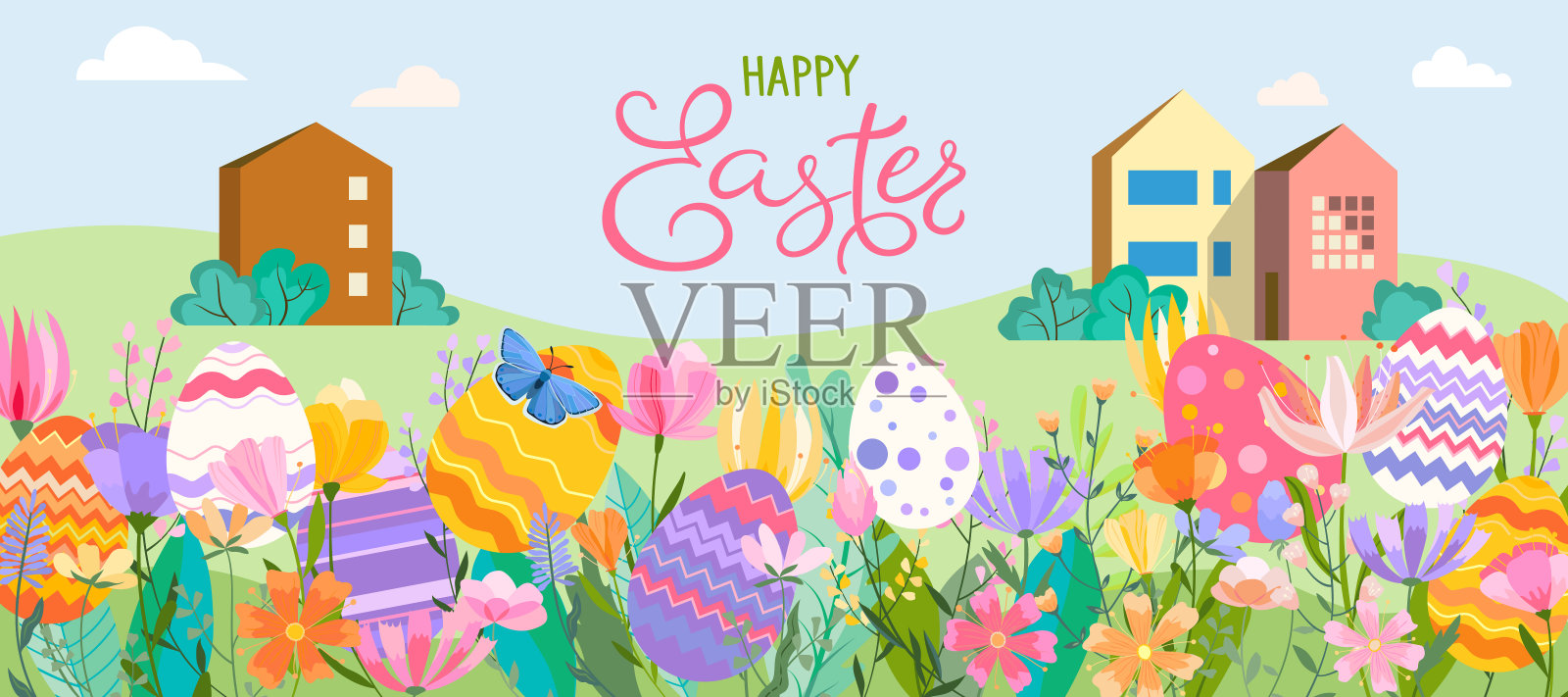 复活节春天贺卡。复活节彩蛋、春天的花朵、香草和一只蝴蝶，背景是乡村的房屋景观。铭文复活节快乐。插画图片素材