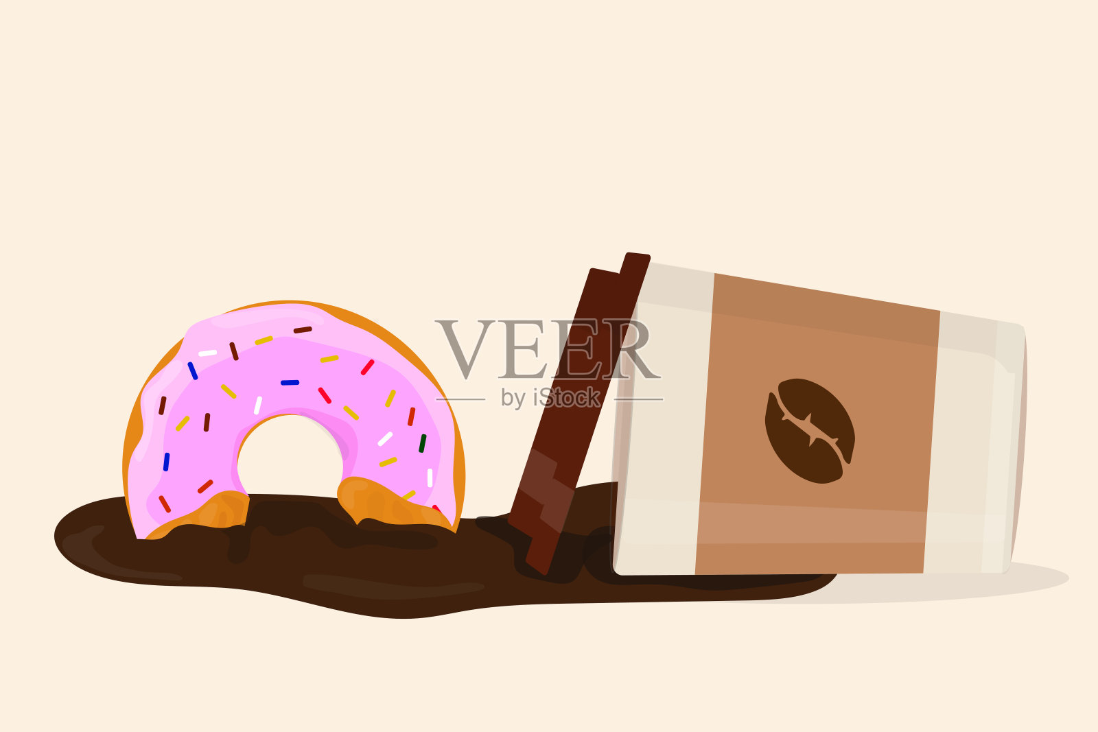 咖啡洒在纸杯上，甜甜圈也被咬了插画图片素材