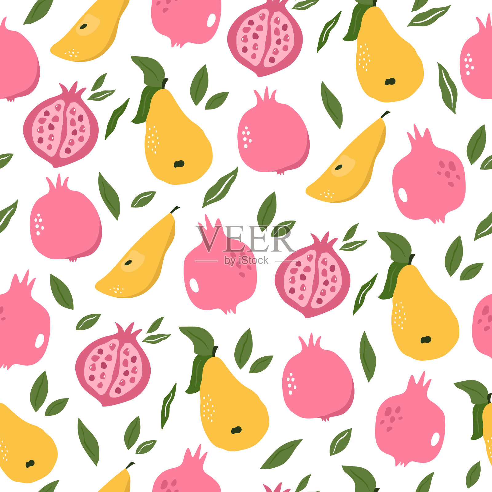 无缝图案，配以五颜六色的梨和石榴。插画图片素材