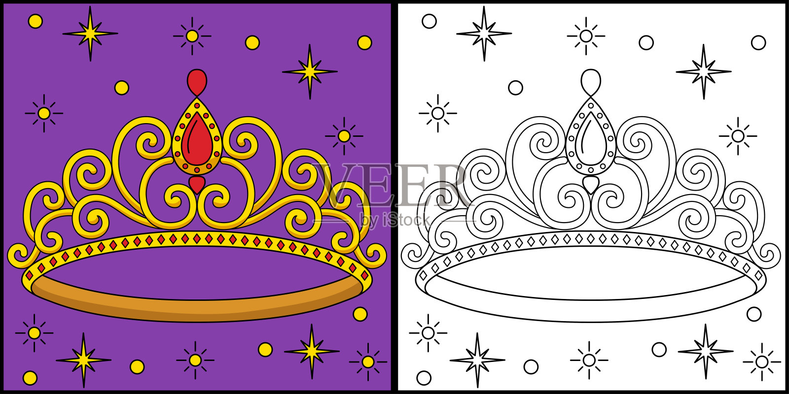 公主皇冠着色页彩色插图插画图片素材