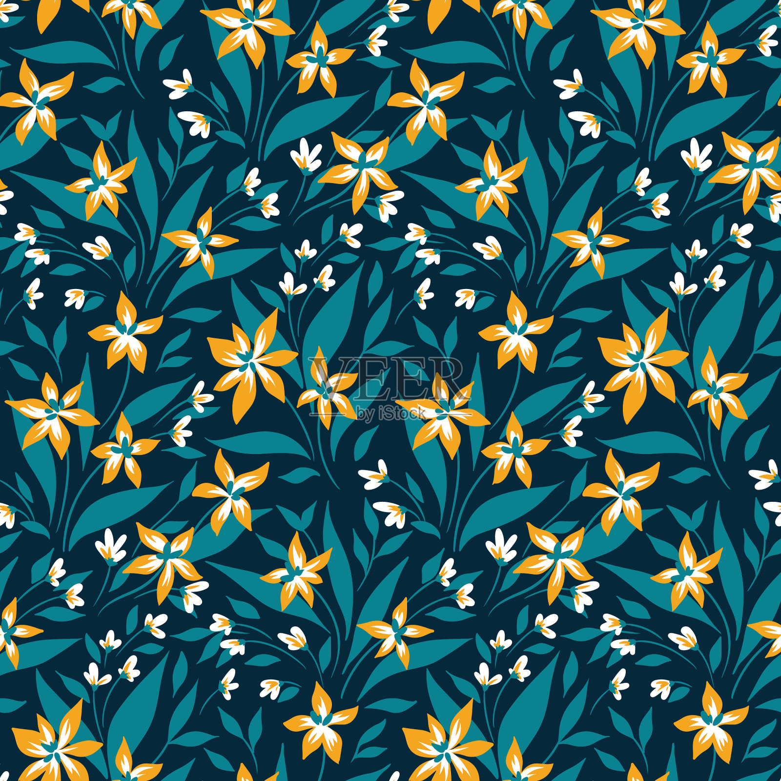 质朴的花卉图案，无缝的图案与简单的花朵树枝，在蓝色的背景上的叶子。向量。插画图片素材