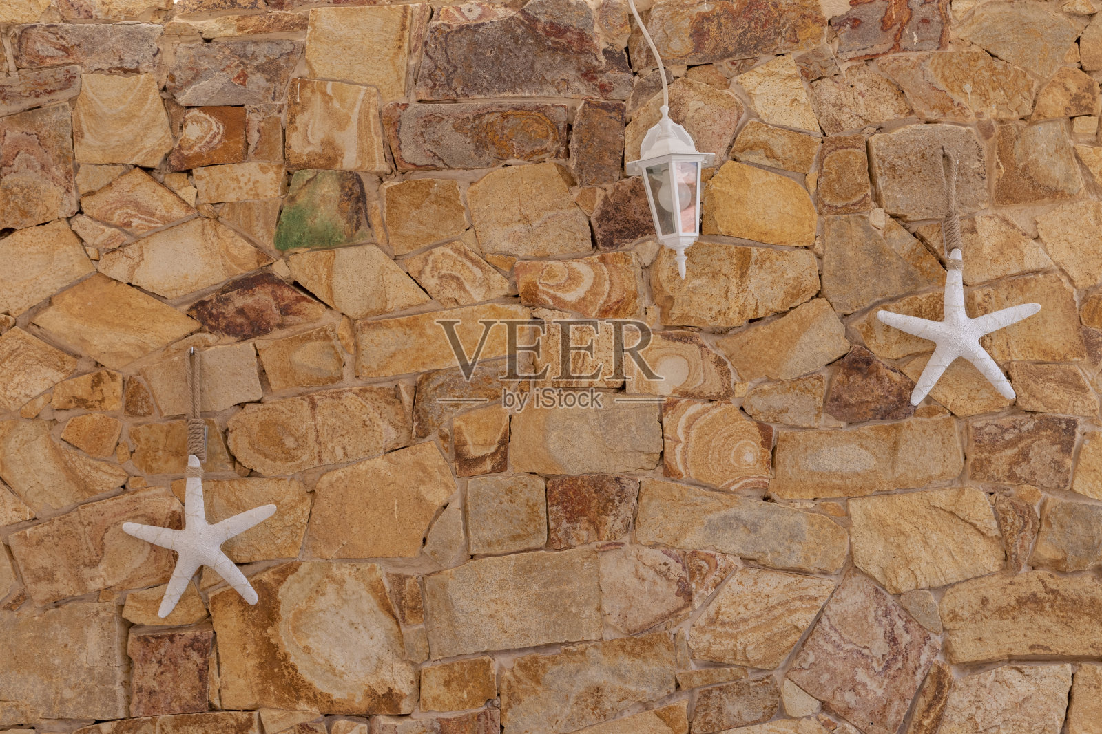 在石墙上装饰的海星照片摄影图片