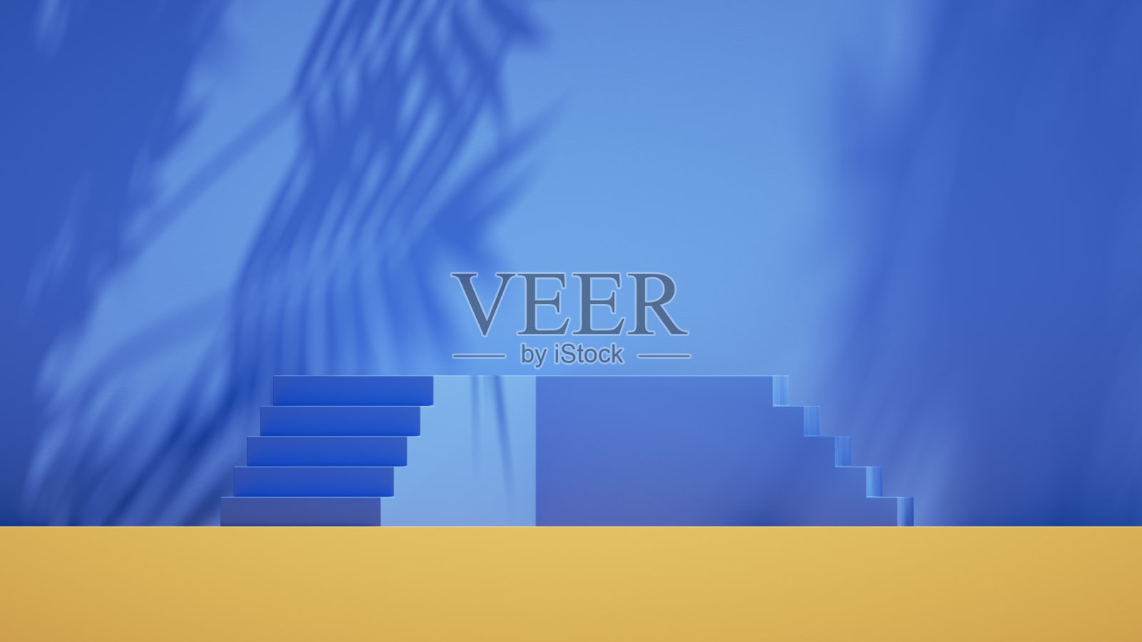 3d渲染，抽象最小的蓝色黄色背景与阴影在墙上。最小的展示场景，带楼梯的空舞台，产品展示平台照片摄影图片