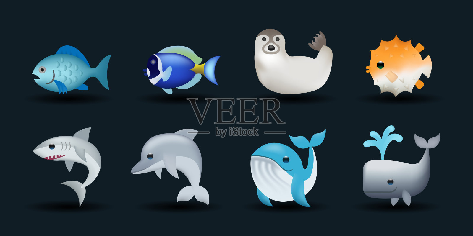 鱼，海豚，鲸鱼，海豹河豚鱼矢量表情符号插图集插画图片素材