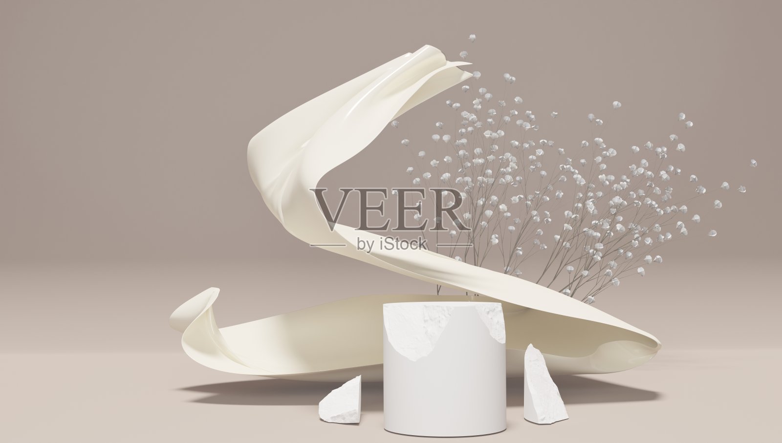 展示化妆品、香水和沐浴用品的讲台。风中的瓷丝带。3 d渲染。照片摄影图片