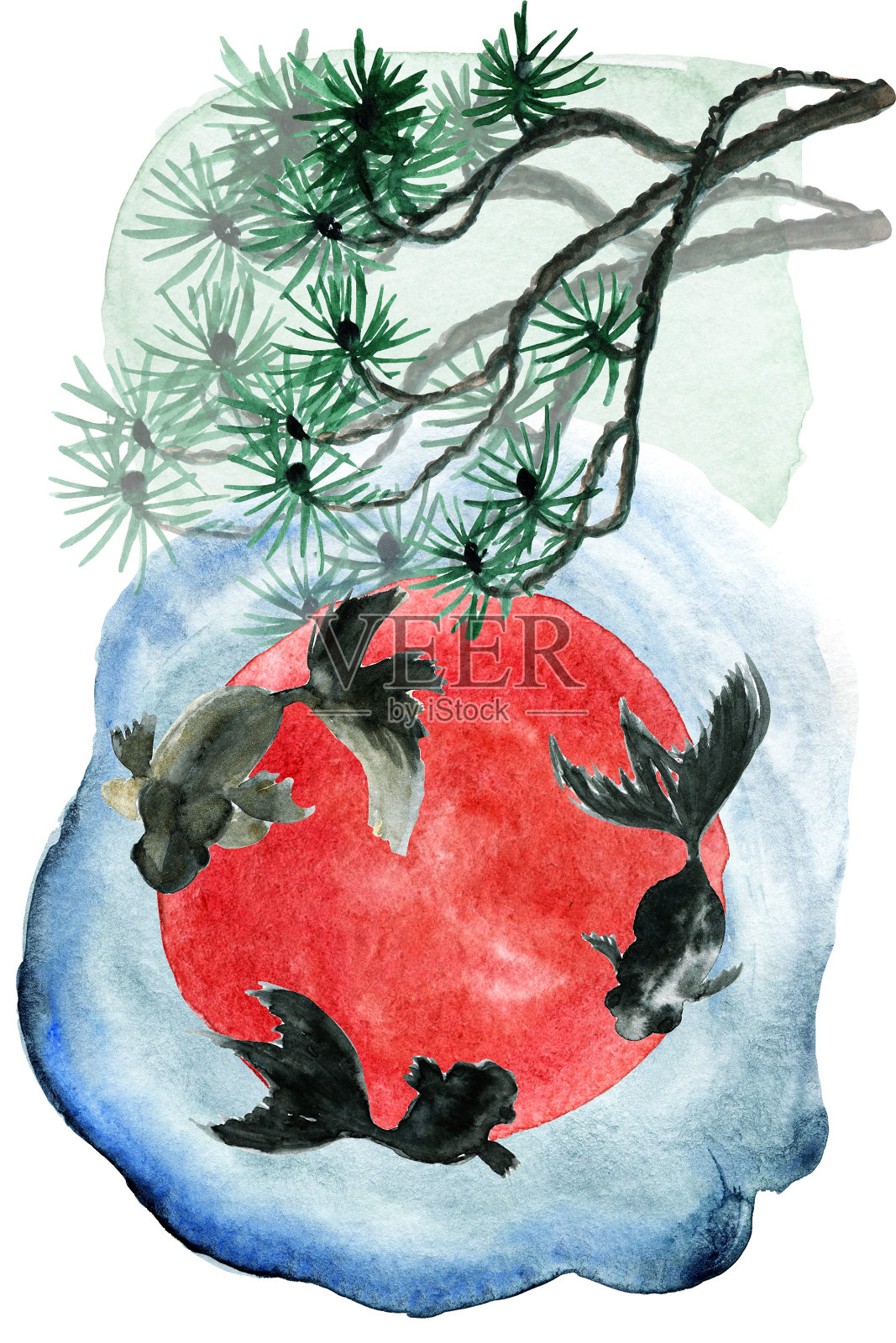 水彩风景与山，湖，松树，昆虫，高野鱼，竹子，太阳和爱塔在传统的日本sumi-e风格在老式水彩背景。插画图片素材