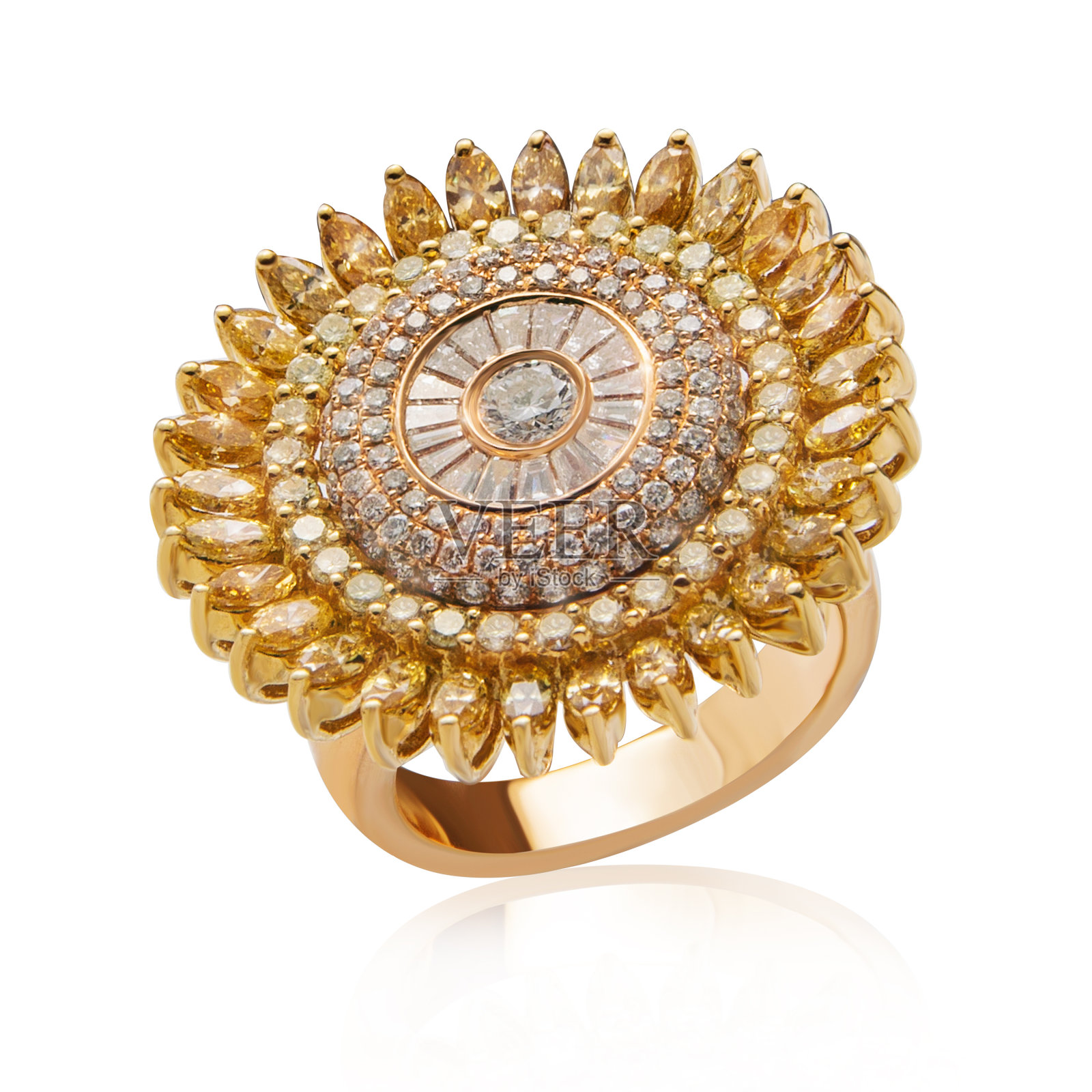 太阳形状的镶有钻石的金戒指照片摄影图片