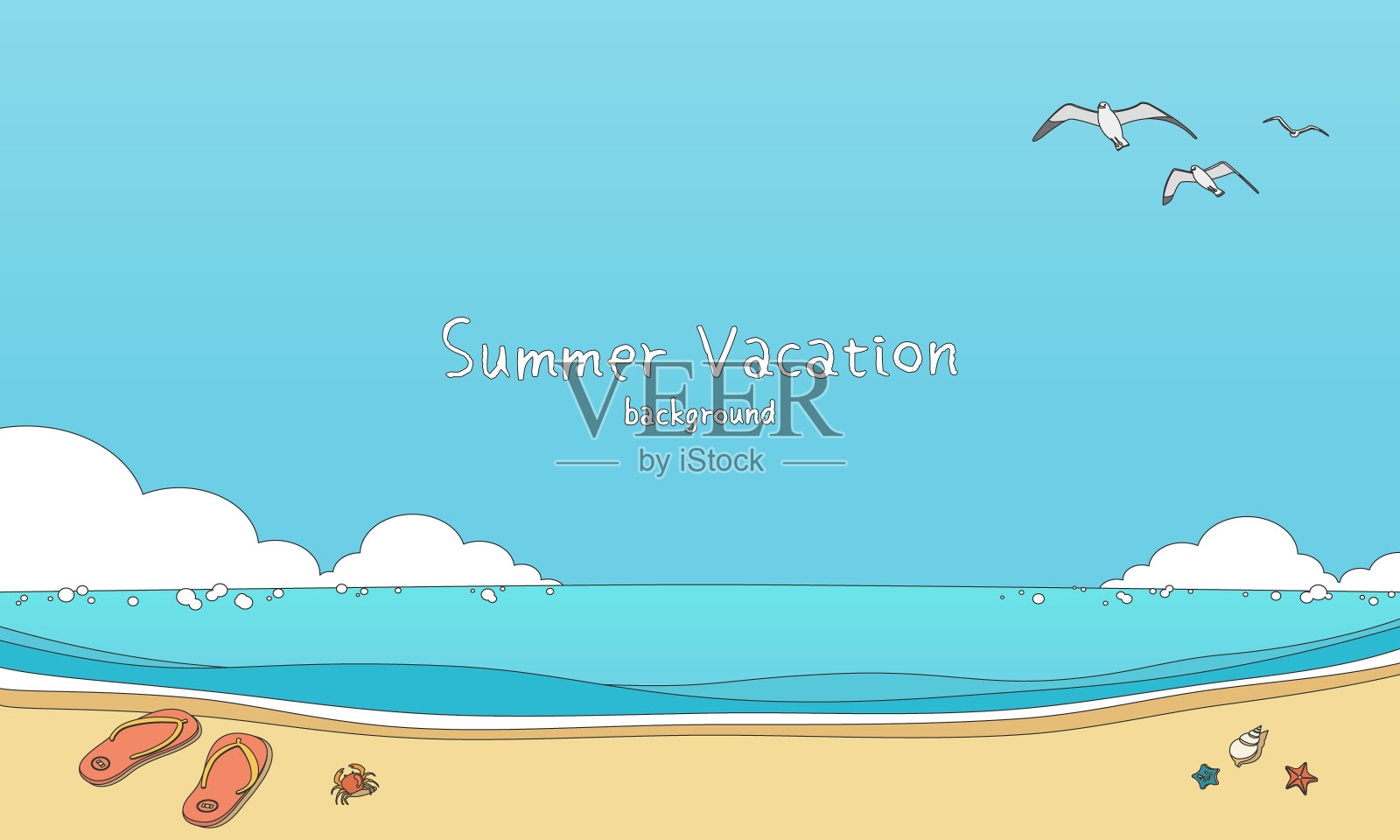 手绘风格矢量插图夏天的海和天空横幅背景与复制空间。插画图片素材