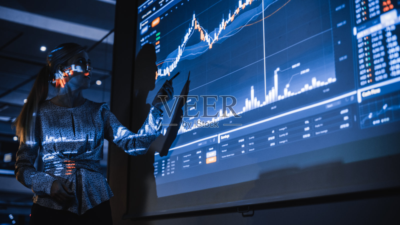 商务会议报告:女商人做财务分析，与一群商人交谈。投影仪屏幕显示股票市场数据，投资策略，收入增长照片摄影图片