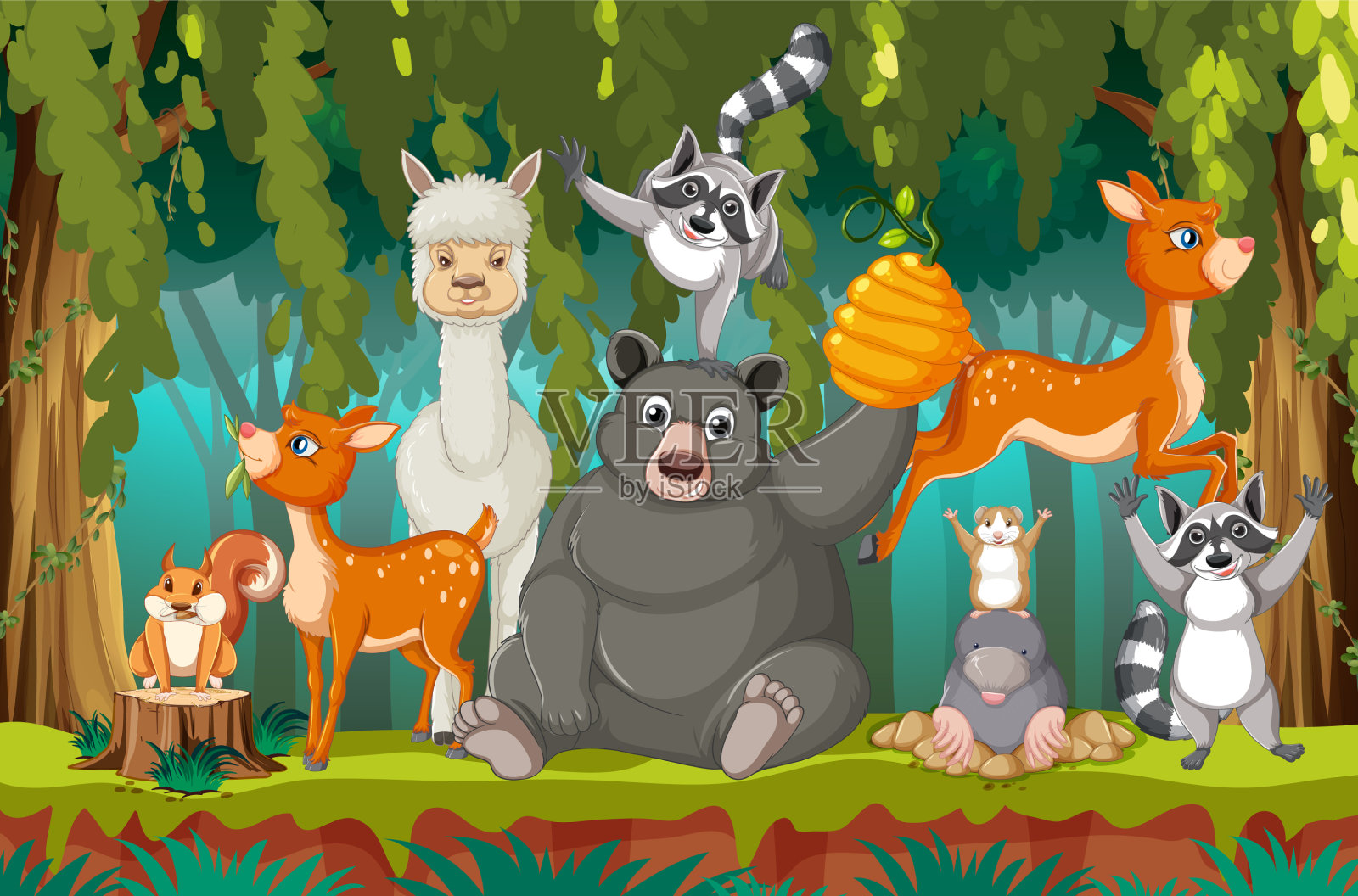有许多树木和动物的自然景观插画图片素材