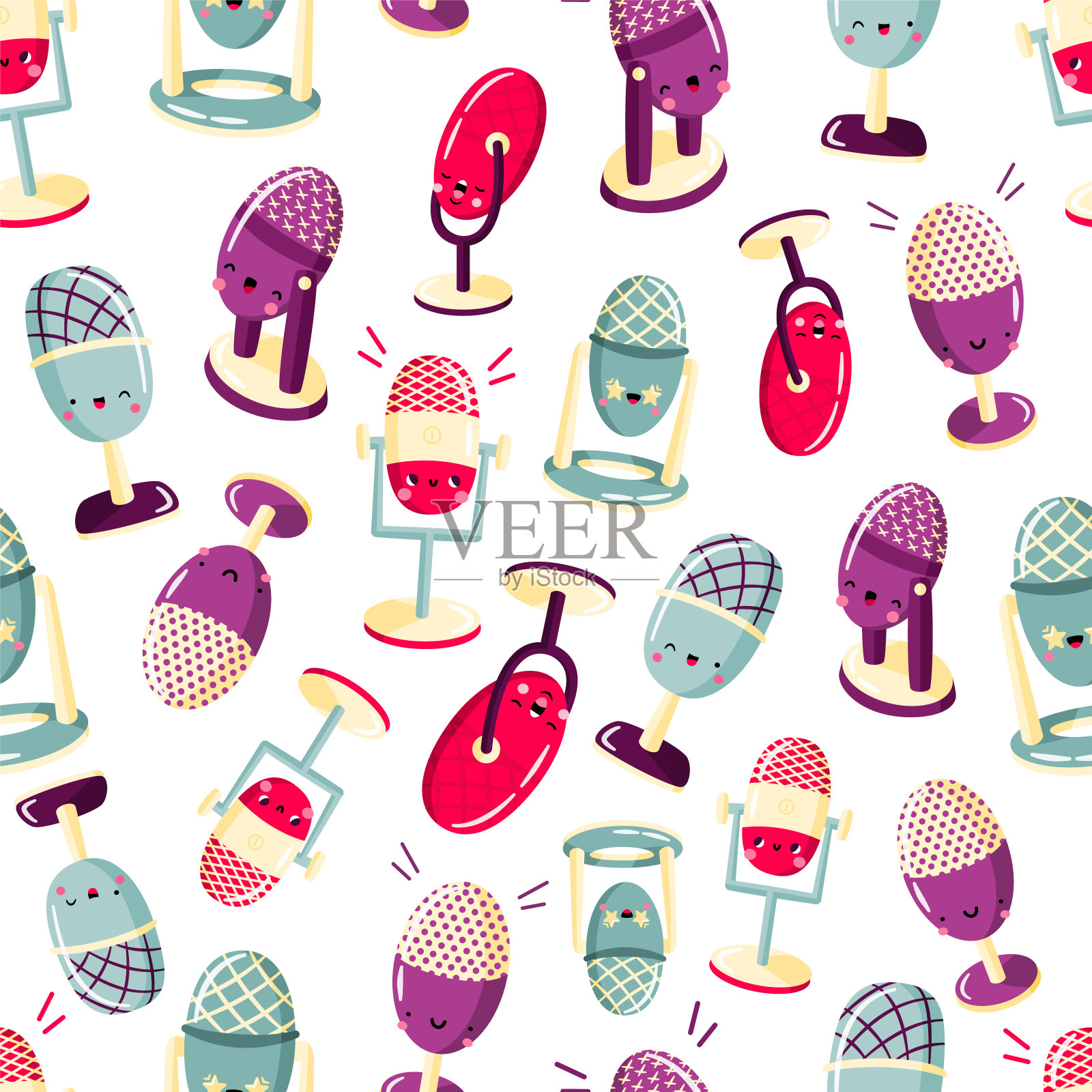 无缝图案，可爱的卡通麦克风与有趣的脸插画图片素材