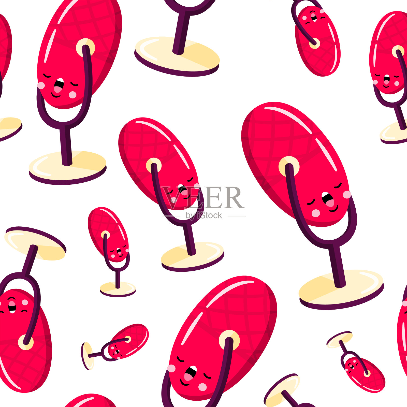 无缝图案，可爱的卡通麦克风与有趣的脸插画图片素材