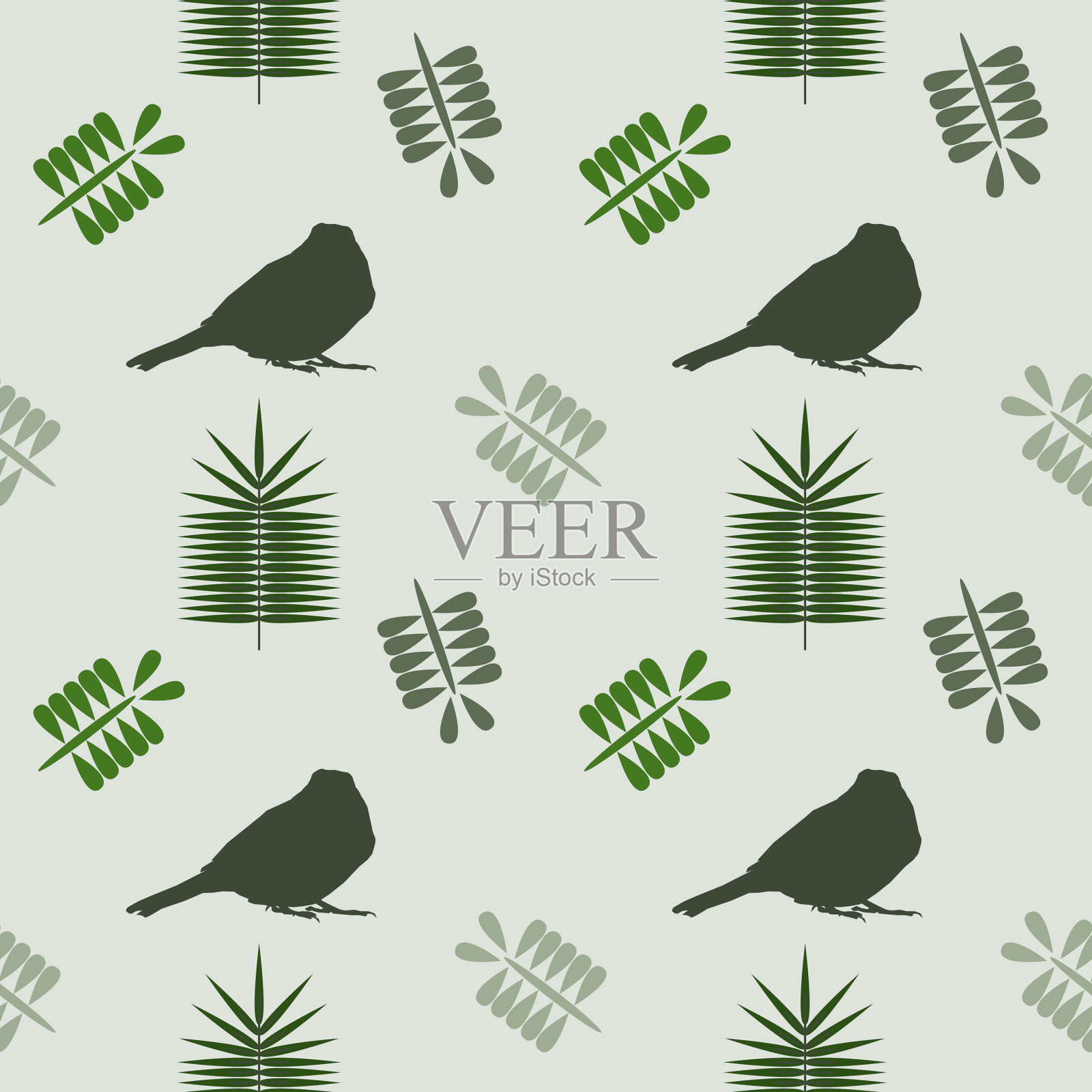 无缝图案在浅绿色的背景。该模式由一只麻雀的图标和不同的叶子组成。插画图片素材