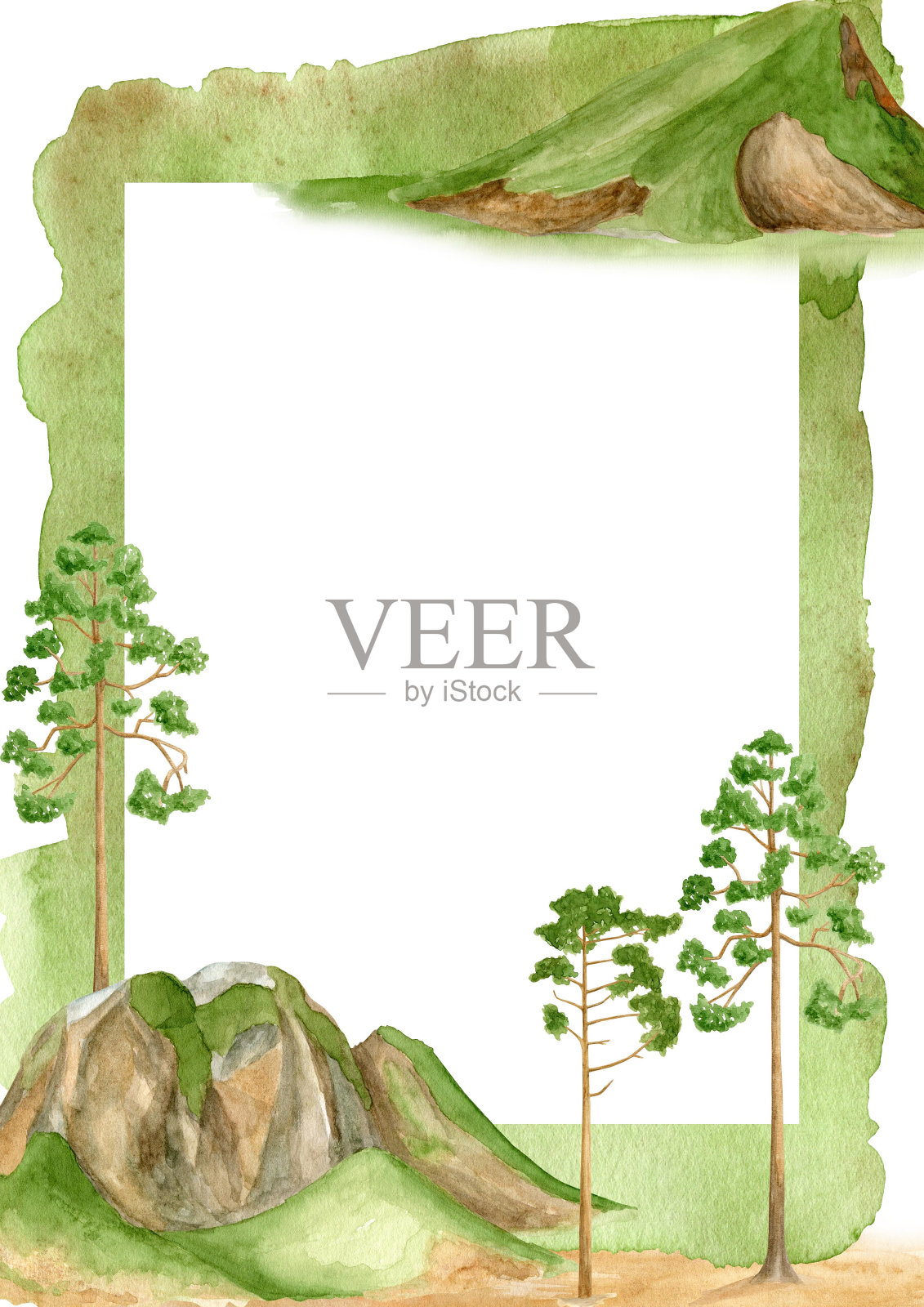 水彩青山相框。手绘模板，夏季山脉和松树背景与白色复制空间。景观边界为婚礼请柬设计，自然插图。插画图片素材