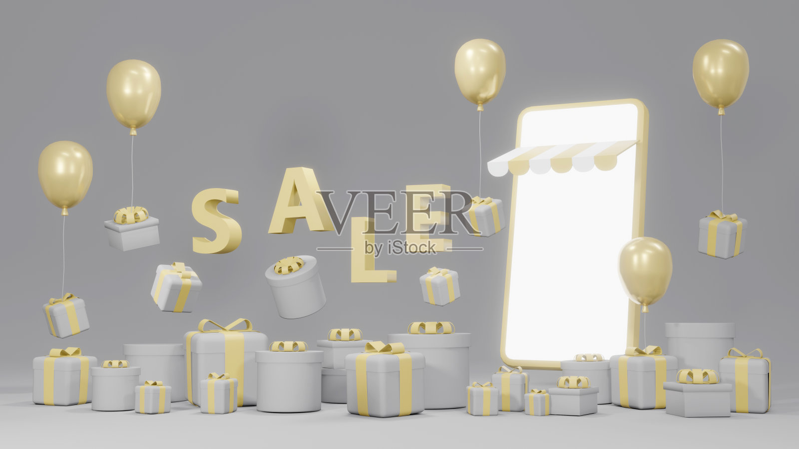 电子商务、网上购物的3D渲染概念:智能手机与礼品盒、气球和文字“SALE”漂浮在背景上进行商业设计。灰色和黄色的主题。3 d渲染。照片摄影图片