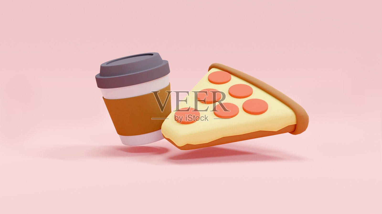 食物的3D渲染概念:一张披萨幻灯片和一杯咖啡的3D渲染。照片摄影图片