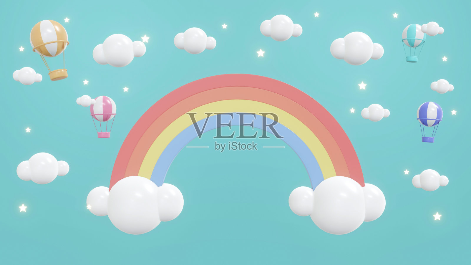 蓝色天空背景上的热气球彩虹的3D渲染概念。3 d渲染插图。照片摄影图片