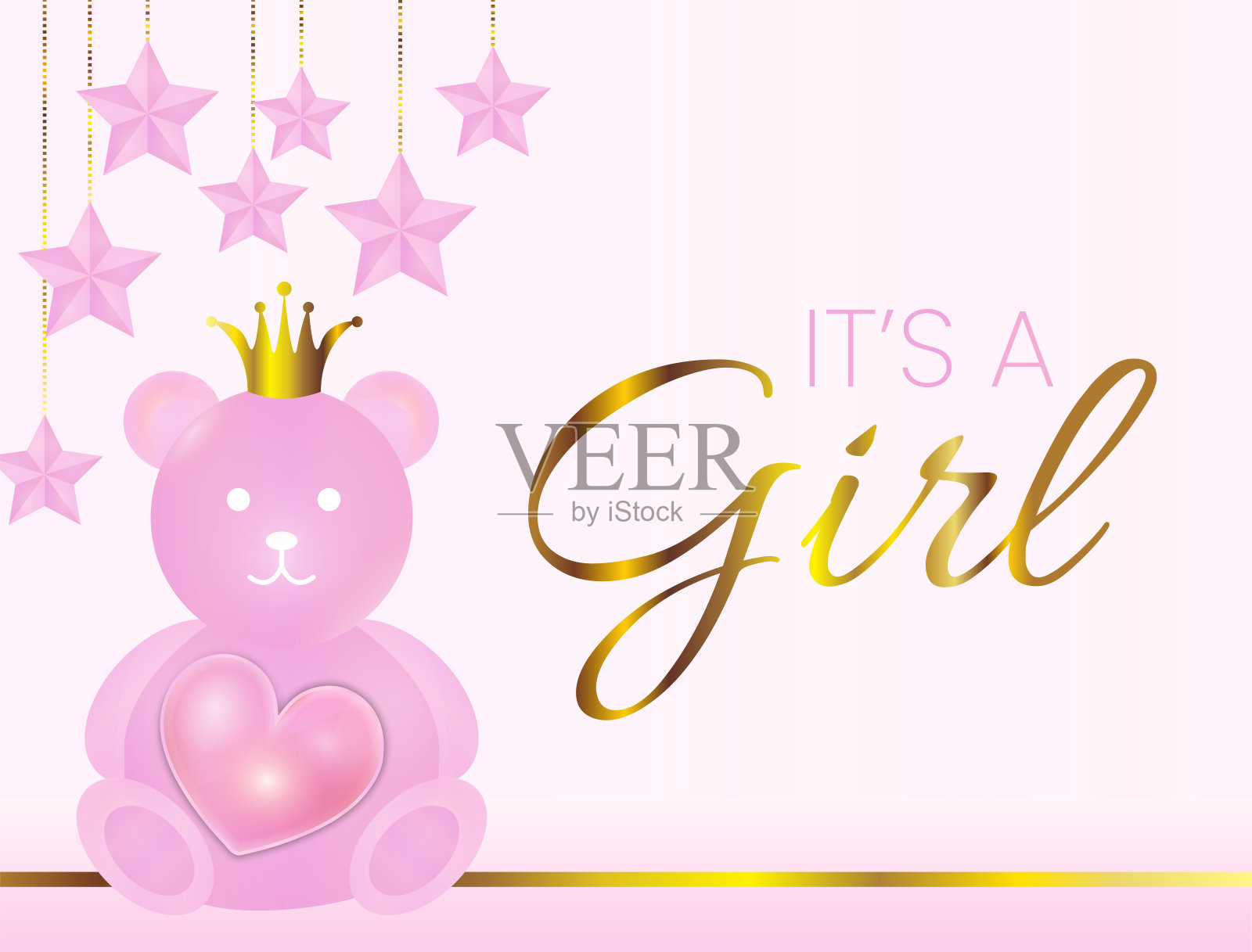 这是一个女孩矢量插图与粉红色的熊，皇冠和星星和黄金元素插画图片素材