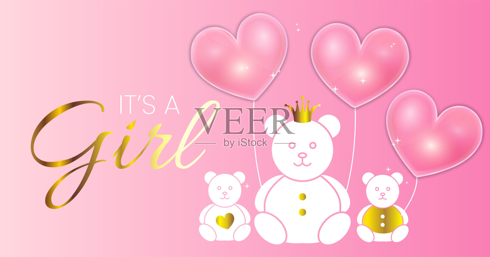 宝宝送礼会邀请函设计。这是一个女孩矢量插图与金熊和心气球插画图片素材
