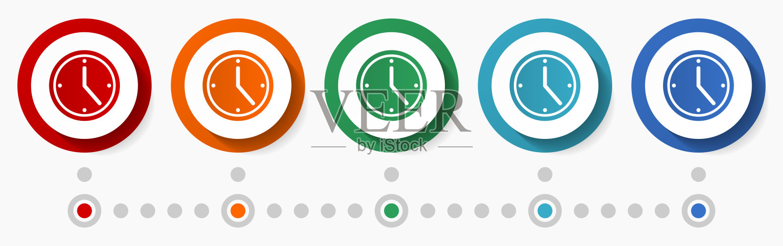 时钟，手表，时间概念矢量图标设置，平面设计彩色按钮，信息图形模板在5种颜色的选择图标素材