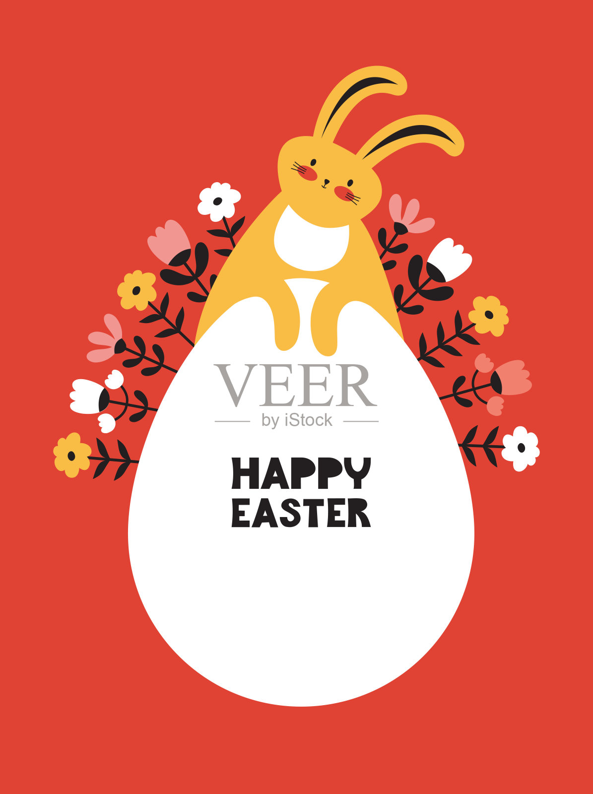 快乐的复活节海报与排版。卡通人物兔子在鸡蛋和花的背景上。寻找复活节彩蛋的概念。现代的最小。手绘的矢量插图在斯堪的纳维亚风格插画图片素材