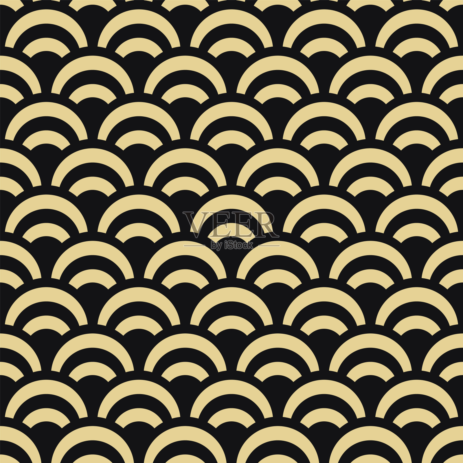 鱼鳞抽象几何无缝图案。丰富多彩的装饰艺术风格怀旧复古背景。经典的亚洲时尚印花，织物，纸的弧线插画图片素材