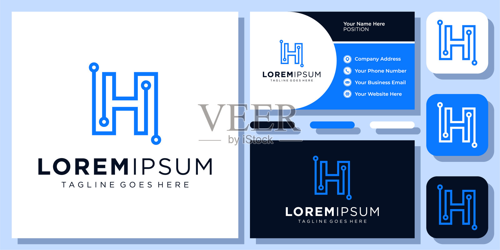 首字母H技术数字计算机网络连接标志设计与名片模板设计模板素材