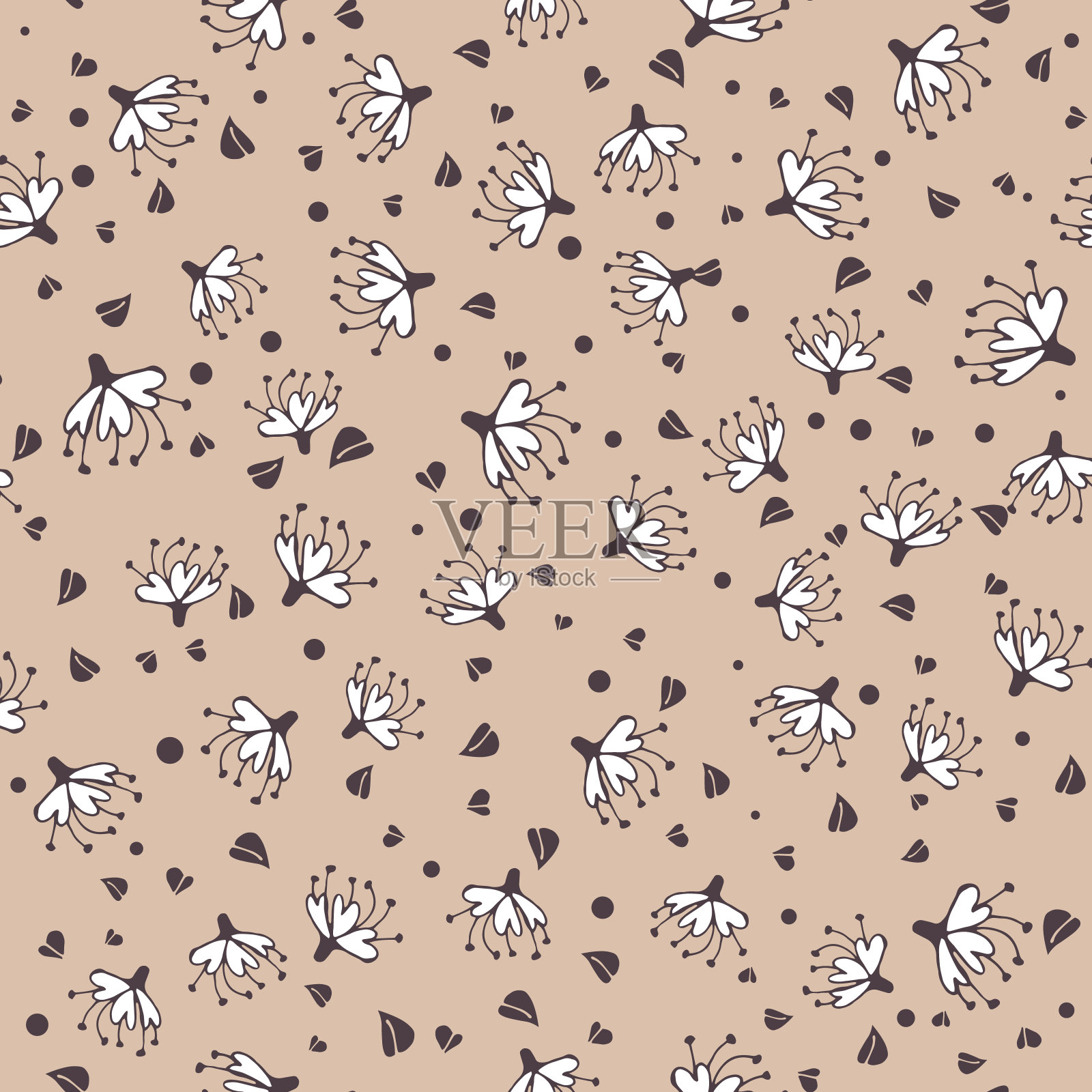 复古风花卉无缝图案矢量素材，米色背景上的白色小花和树叶插画图片素材