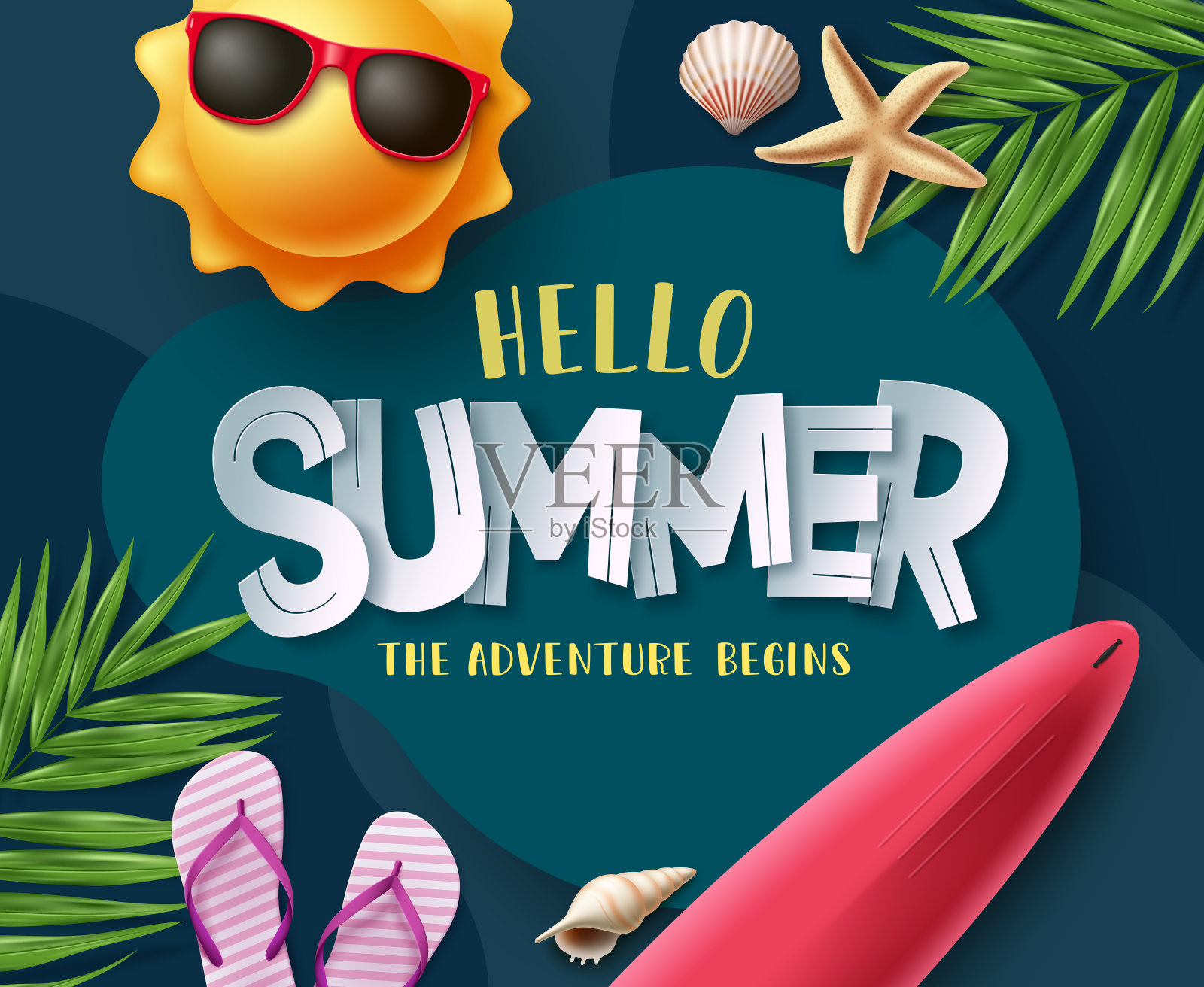 夏季矢量背景设计。夏日问候短信与海滩元素插画图片素材