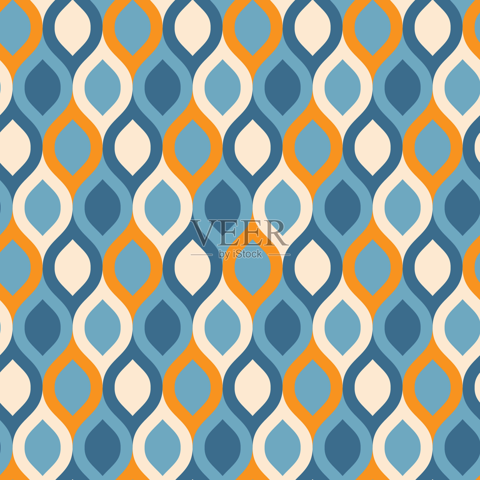 抽象几何无缝图案。米色、橙色和蓝色的镜头形曲线。复古的纺织背景插画图片素材