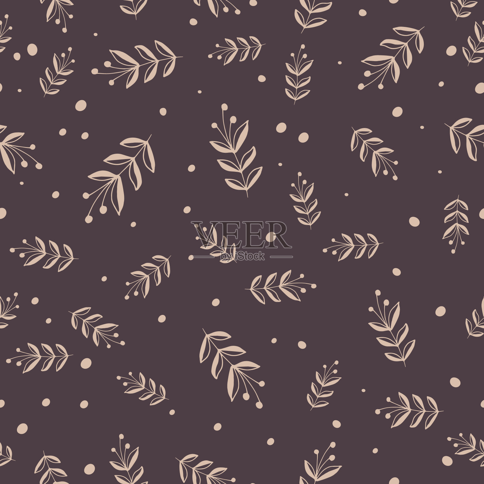 复古花卉图案。棕色背景上的白色小花和各种树叶无缝图案。具有秋季氛围的植物印花矢量图插画图片素材